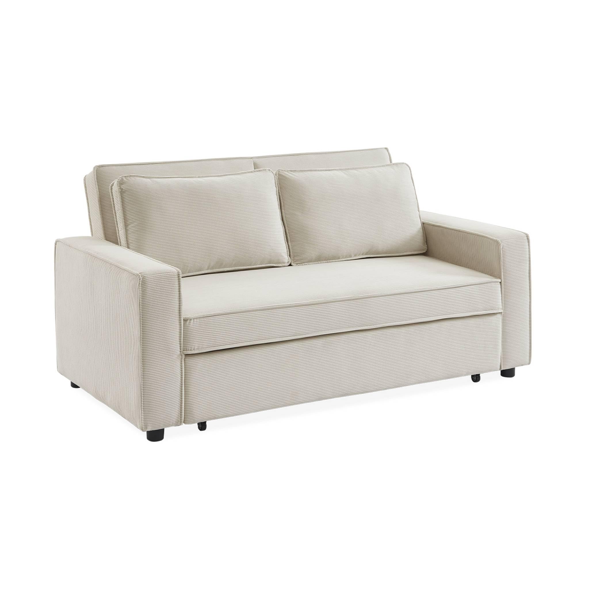 sweeek - Canapé Convertible 2 Places Blanc crème Velours côtelé. Banquette. lit