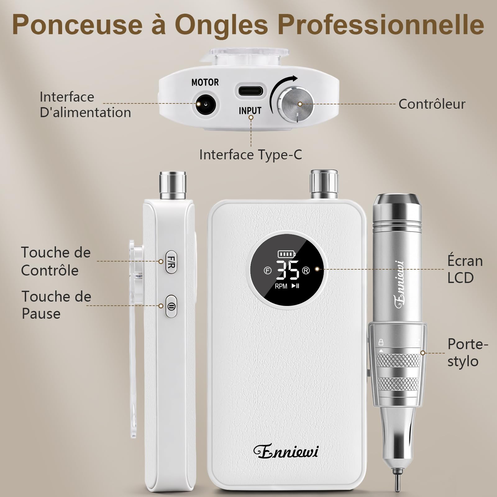 Ponceuse pour Ongles Électrique Professionnelle 35000 Tours - Portable Rechargeable pour Acrylique/Gel, Machine Manucure/Pédicure Puissante et Silencieuse - Pour Salon/Maison (Blanc Pur)