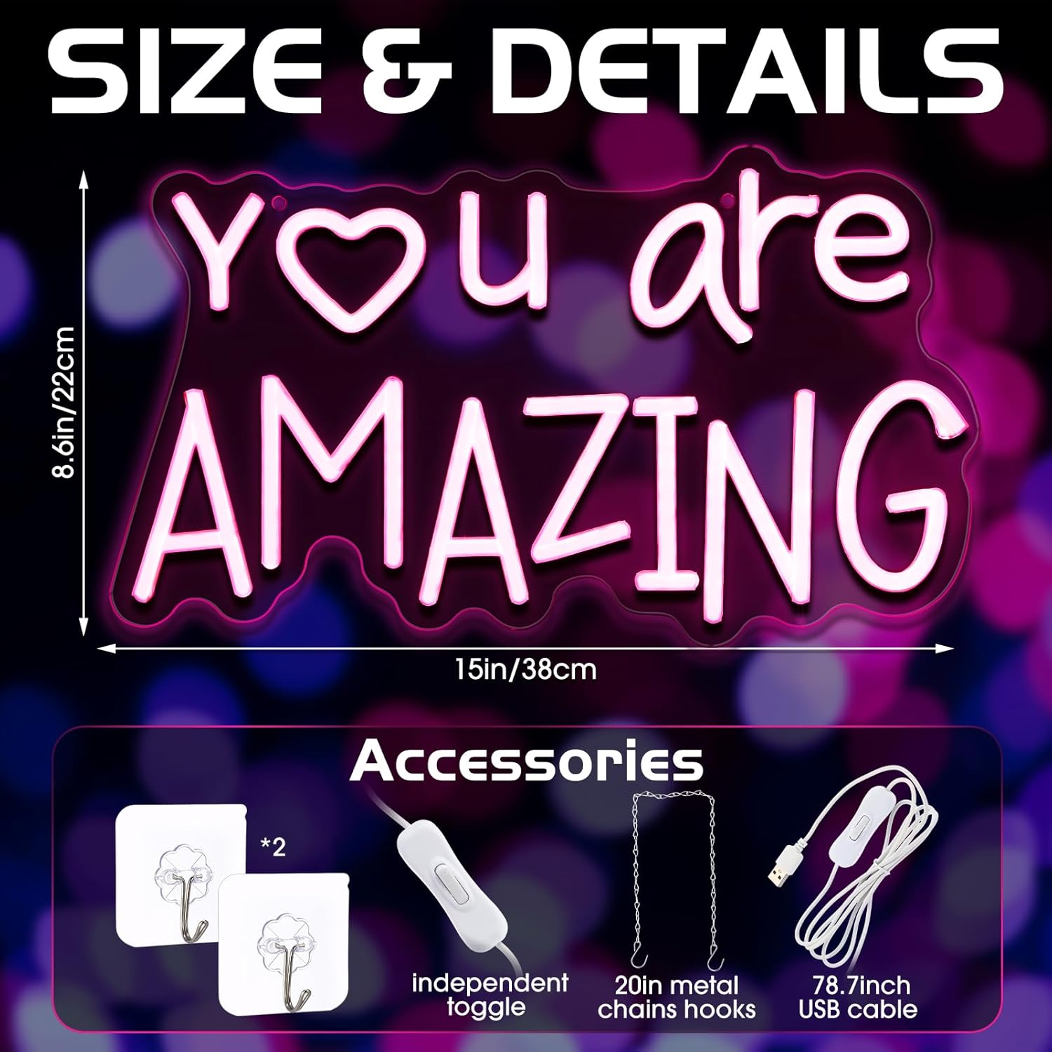 Retisee Pink You Are Amazing LED Neon Light Sign Dimmable for Girls Room Bedroom Bar Pub Club Decoration Hanging Pink LED Light for Party Birthday Wedding Women 15 x 8.6 Inch - Image 2