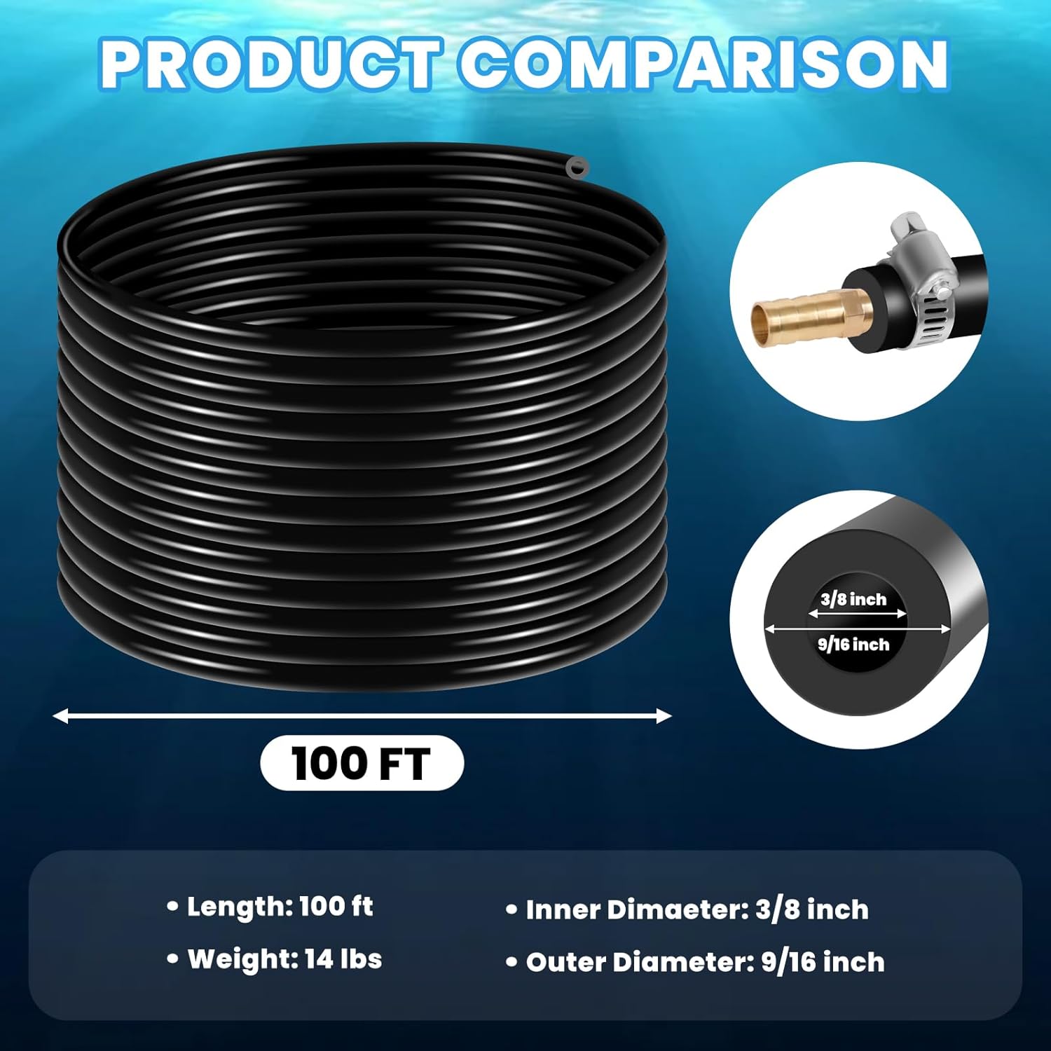 Self Sinking Aeration Hose, 100 Ft Weighted PVC Pond Aeration Tubing with 8 Stainless Steel Hose Clamps and 4 Copper Menders, 3/8 Inch Innner Diameter, for Pond Aerator, Water Re-circulatio