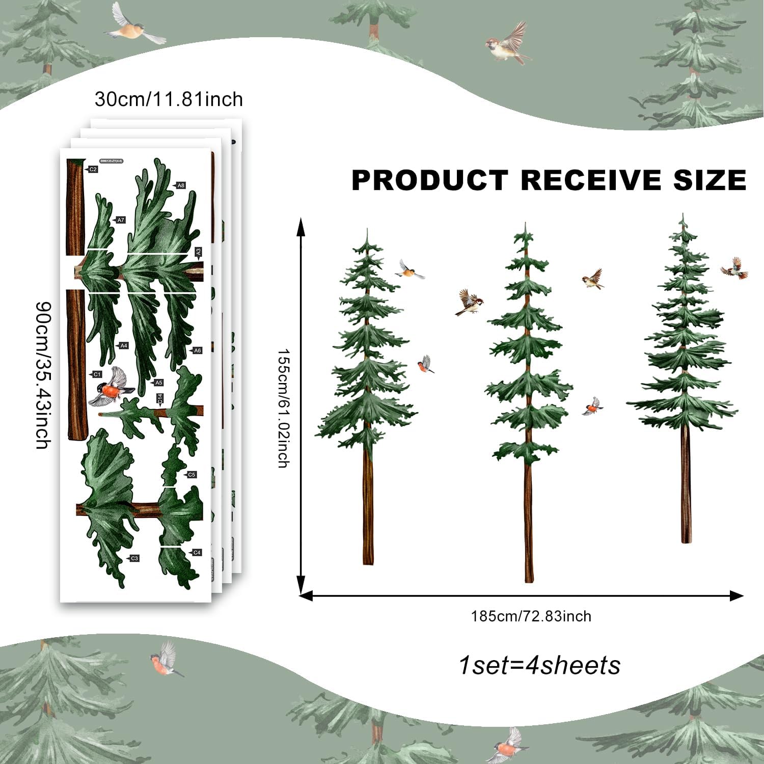 Forest Pine Tree Wall Stickers, Watercolor Birds Pine Trees Wall Decal Peel and Stick Murals for Kids Bedroom Living Room Nature Decor (Green Trees)