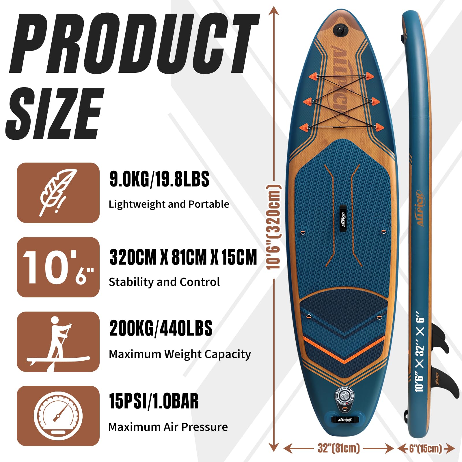 ALLPICK Sup Gonfiabile, Stand Up Paddle Board Gonfiabile, Con Supporto Universale per Fotocamera, Accessori Completi, Tavola da Sup Surf, Principianti e Avanzati, 150kg/180kg