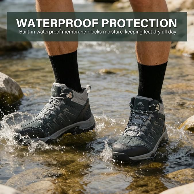 Men's Waterproof Hiking Boots Lightweight Leather Mid Ankle Outdoor Trail Trekking shoes