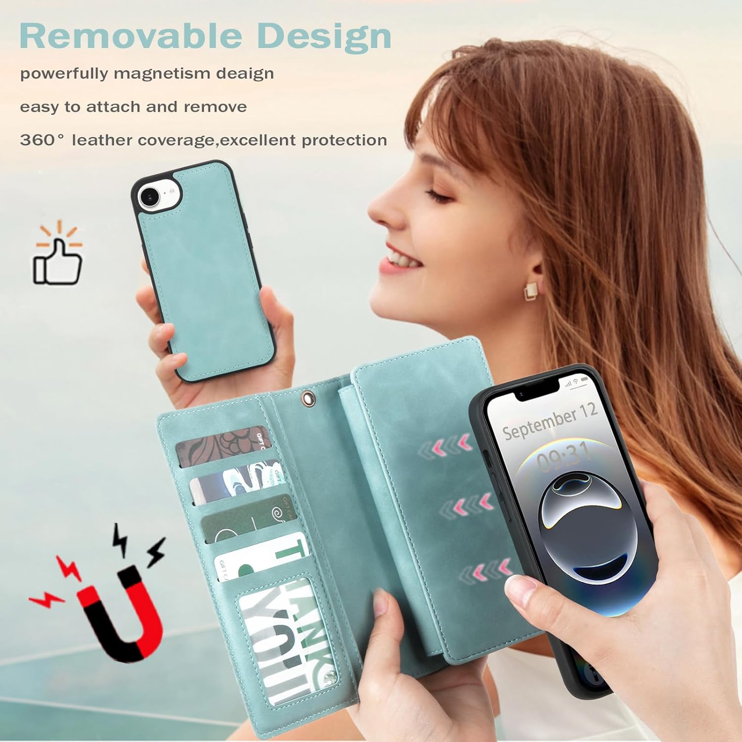 TwoHead Wallet Case Compatible with iPhone 16e 2025,Detachable Magnetic Phone Case,PU Leather All-Round Protective Case Wallet with Card Holder/Change Pocket,6.1 in,Blue - Image 6