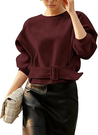 Women Faux Suede Cropped Top Belted Buckle Long Sleeve Crew Neck Pullover Shirt Casual Fall Daily Outfit Street Style