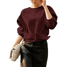 Women Faux Suede Cropped Top Belted Buckle Long Sleeve Crew Neck Pullover Shirt Casual Fall Daily Outfit Street StyleWineRed-M
