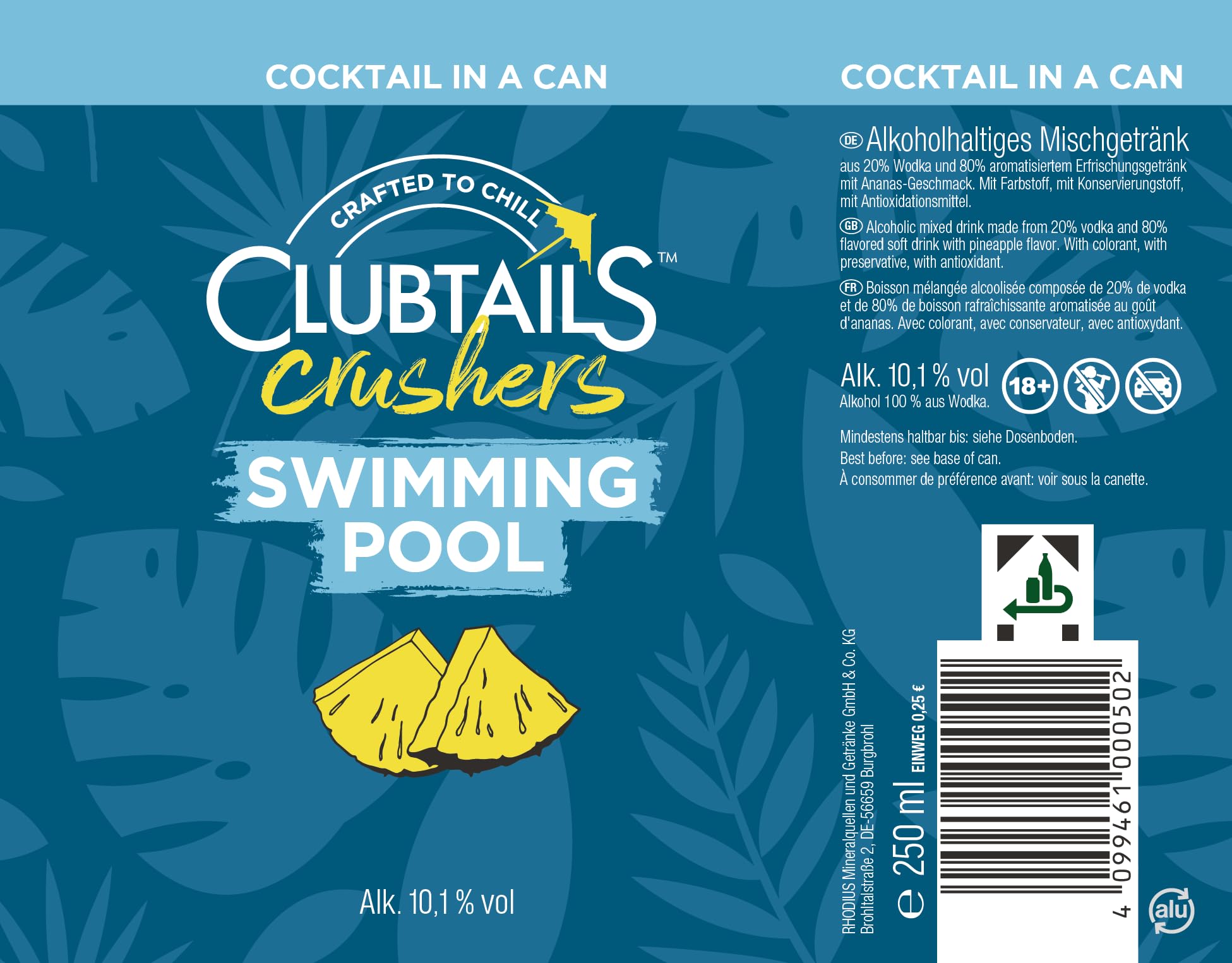 Clubtails | Swimming Pool | Cocktail in der Dose | Erfrischend mit einem Hauch von Kohlensäure | Fertig gemischt - Ready to drink | Alkoholhaltig (Alk. 10,1% Vol) | 12 x 250 ml Dose