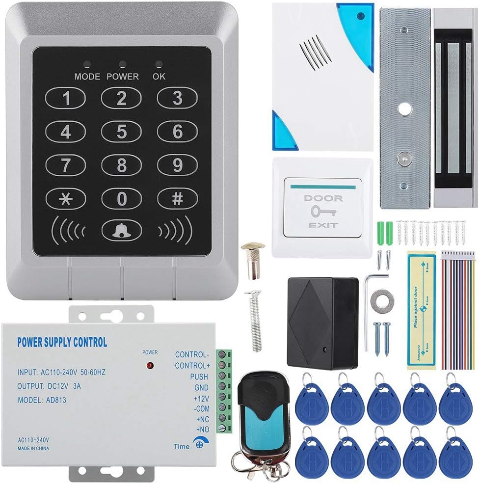 Door Access Control System Kit Weather Proof Reader Door Exit Button Proximity Door Entry keypad 10 Key Fobs EXIT Button Electric Magnetic Lock