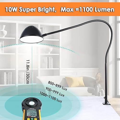 Miniatura 5 de Lámpara de abrazadera, lámpara de escritorio, con abrazadera, 10 W, 1100 LMS, 3 modos de color, 10 niveles de brillo, cuello de cisne flexible de 31