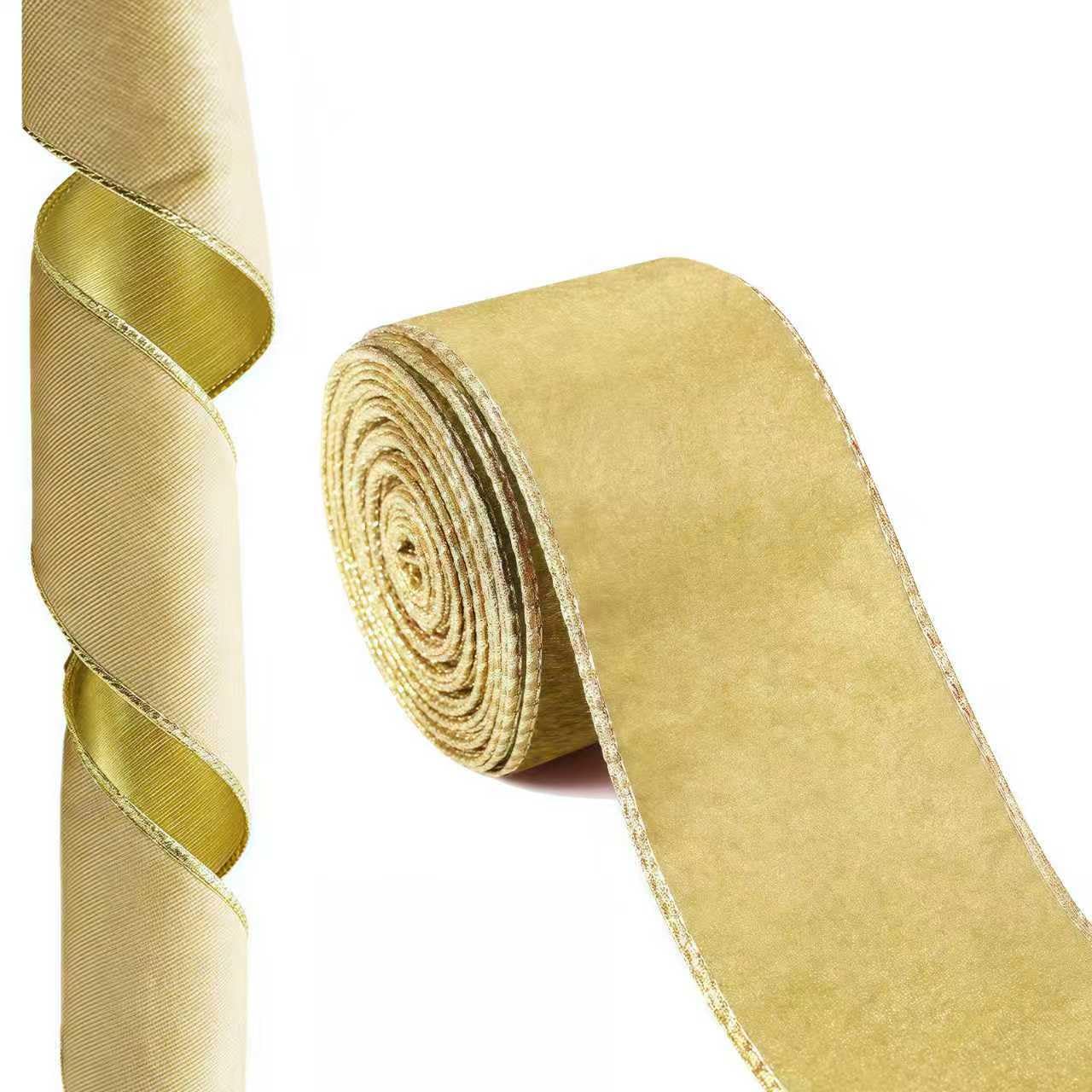 Velvet Christmas Ribbon 9.1m x 64mm ， Wired Edge Soft Xmas Ribbon for Gift Wrapping, Crafts, Wreaths, Bows, Tree Decorations – Holiday Party DIY Supplies (Gold)