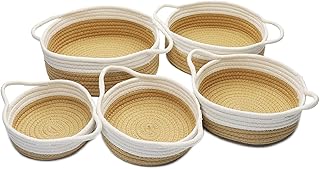 Woven Storage Baskets 5-Piece, Natural Cotton Rope Basket for Baby Nursery Basket, Cat Dog Toys Basket, Bathroom Organizing Baskets, Empty Decorative Gift Basket Round White Brown