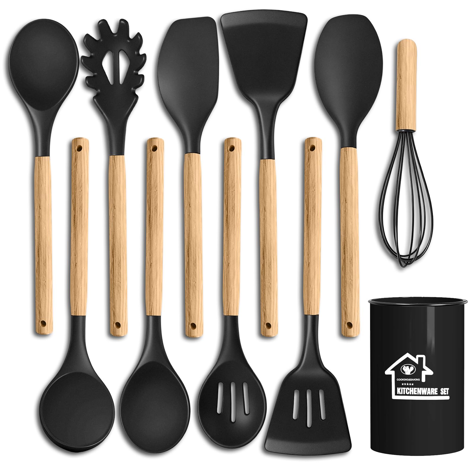 Silicone Cooking Utensil Set,10 PCS Cooking Kitchen Utensils Set, Nonstick Kitchen Utensils 446°F Heat-Resistant Cookware Tools of Spoon,Brush,Whisk,Spatula,Turner Tongs (Black)
