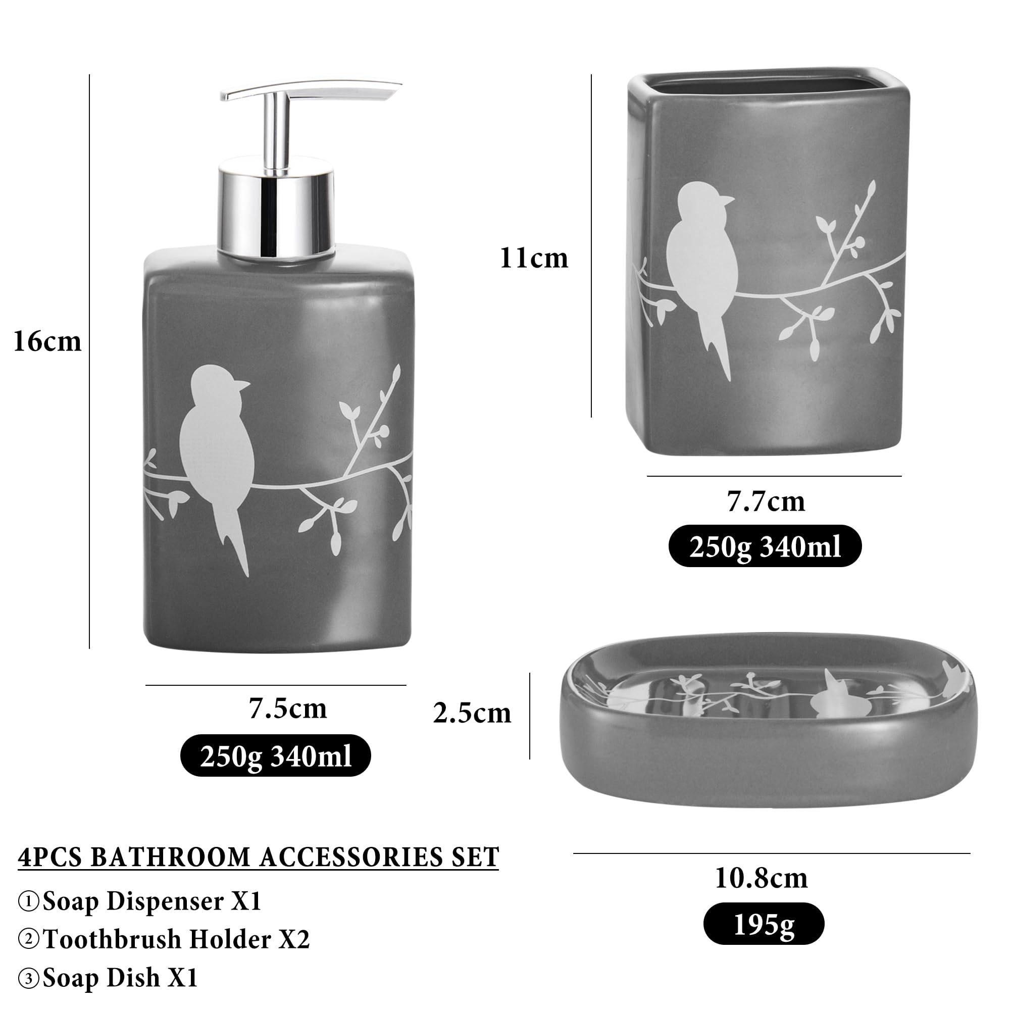 Set Accessori Bagno Ceramica 4 Pezzi - Portasapone, Dispenser, Portaspazzolini, Grigio Uccello - Foto 13