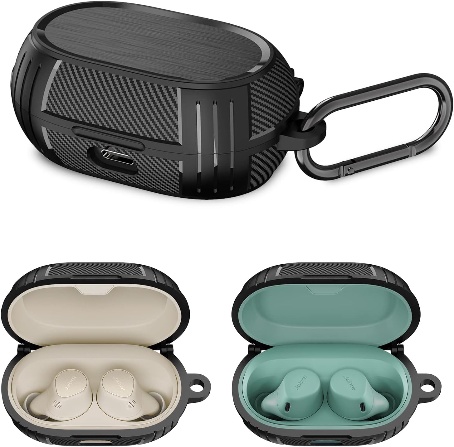 WAMOYCase Cover for Jabra Elite 7 Pro | Elite 7 Active case, Carbon Fiber Pattern Thickened TPU Anti-Drop Protective Cover with Hook (Black)