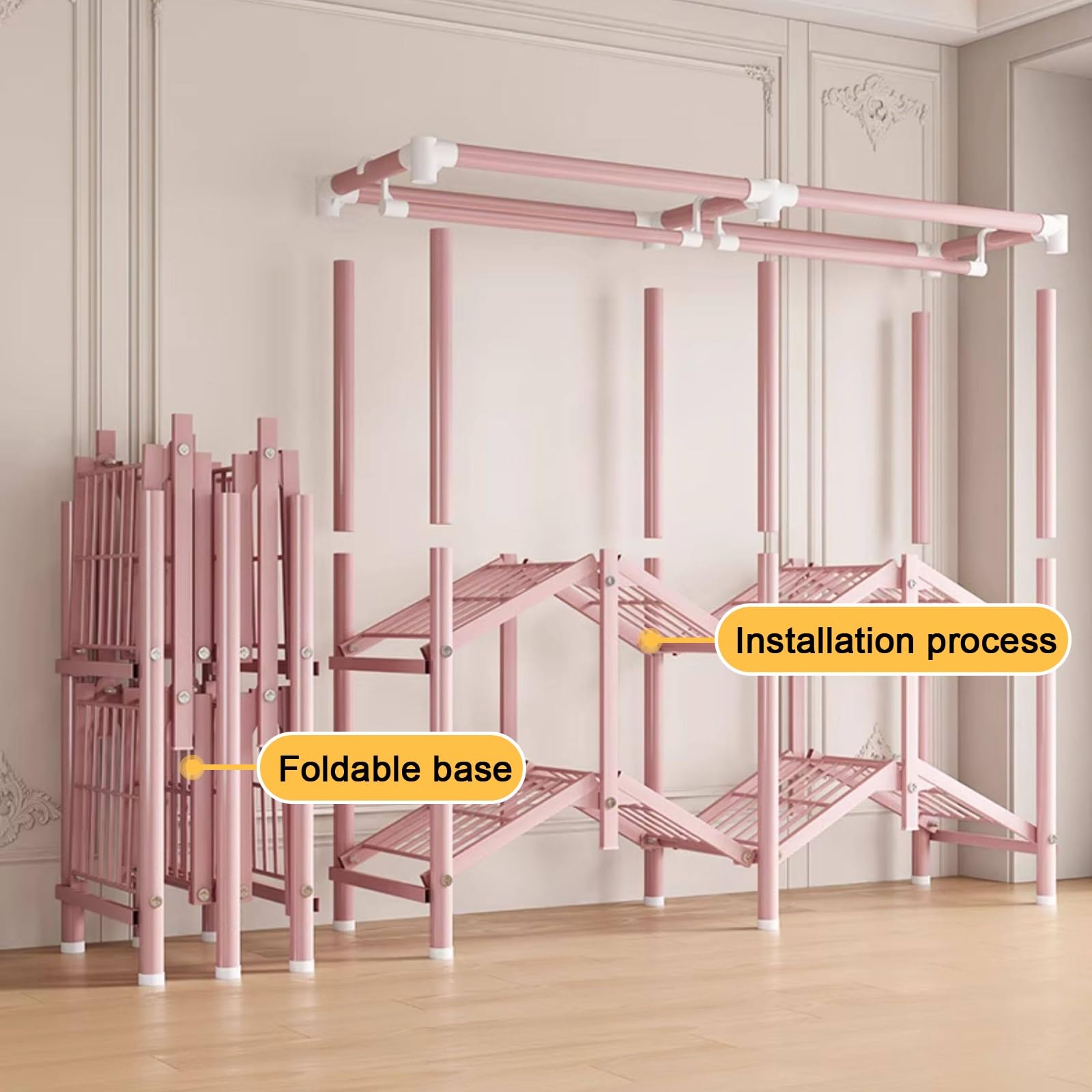 Stoffkleiderschrank mit Oxford-Stoffbezug, Tragbarer Faltbarer Kleiderschrank, Standkleiderschrank, Faltbar mit Kleiderstange, Ideal für Schlafzimmer(Yellow,200cm/79in)