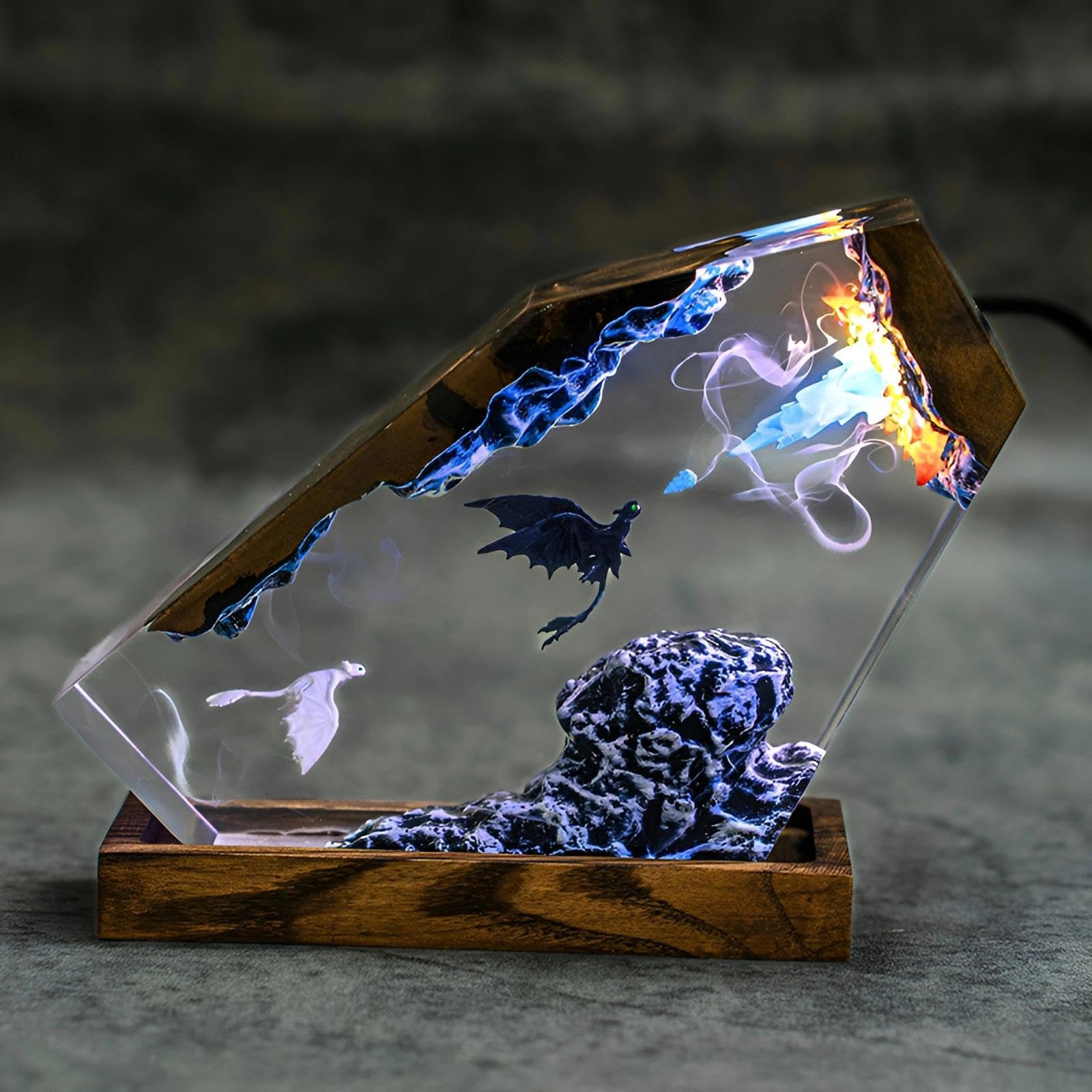Luz nocturna de resina epoxi 3D,Actualización de estatua de dinosaurio Artículos de película Adornos con base de madera,Lámpara de noche con cable USB y lámpara nocturna multicolor remota de 16