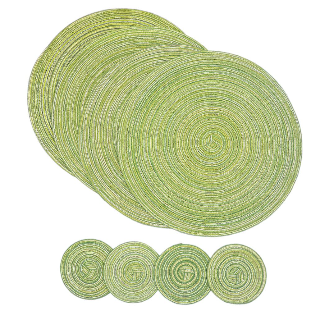 SCF2017 Round Woven Cotton Placemats, Heat Resistant 38cm Table Mats and 11cm Coasters,Set of 4,Green