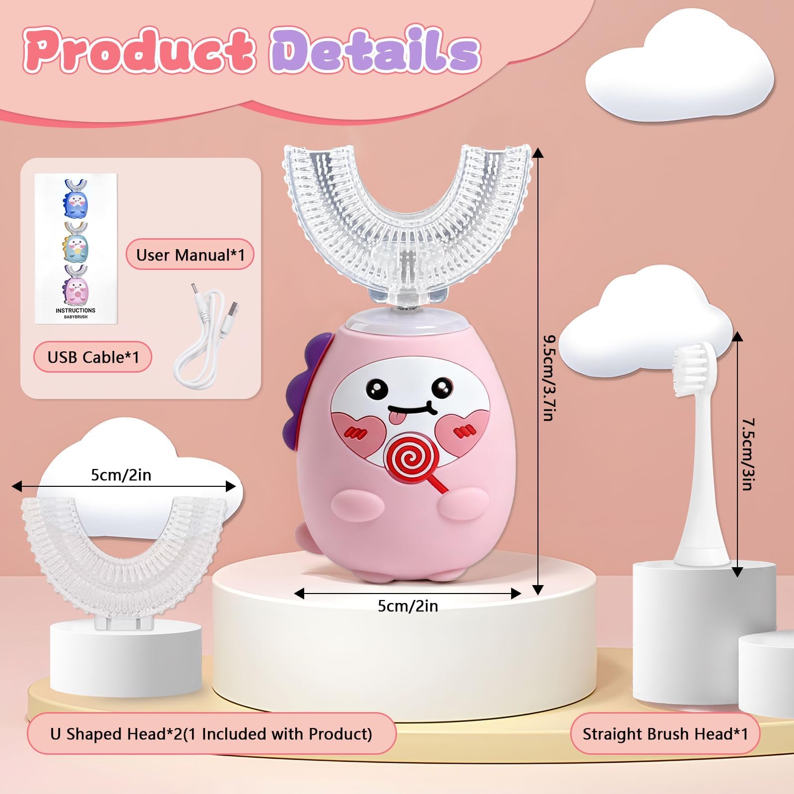 3 cepillos de dientes eléctricos en forma de U para niños, cepillo de dientes ultrasónico automático de 360º para niños pequeños y niños, cepillos de dientes sónicos recargables y accesorios con 2