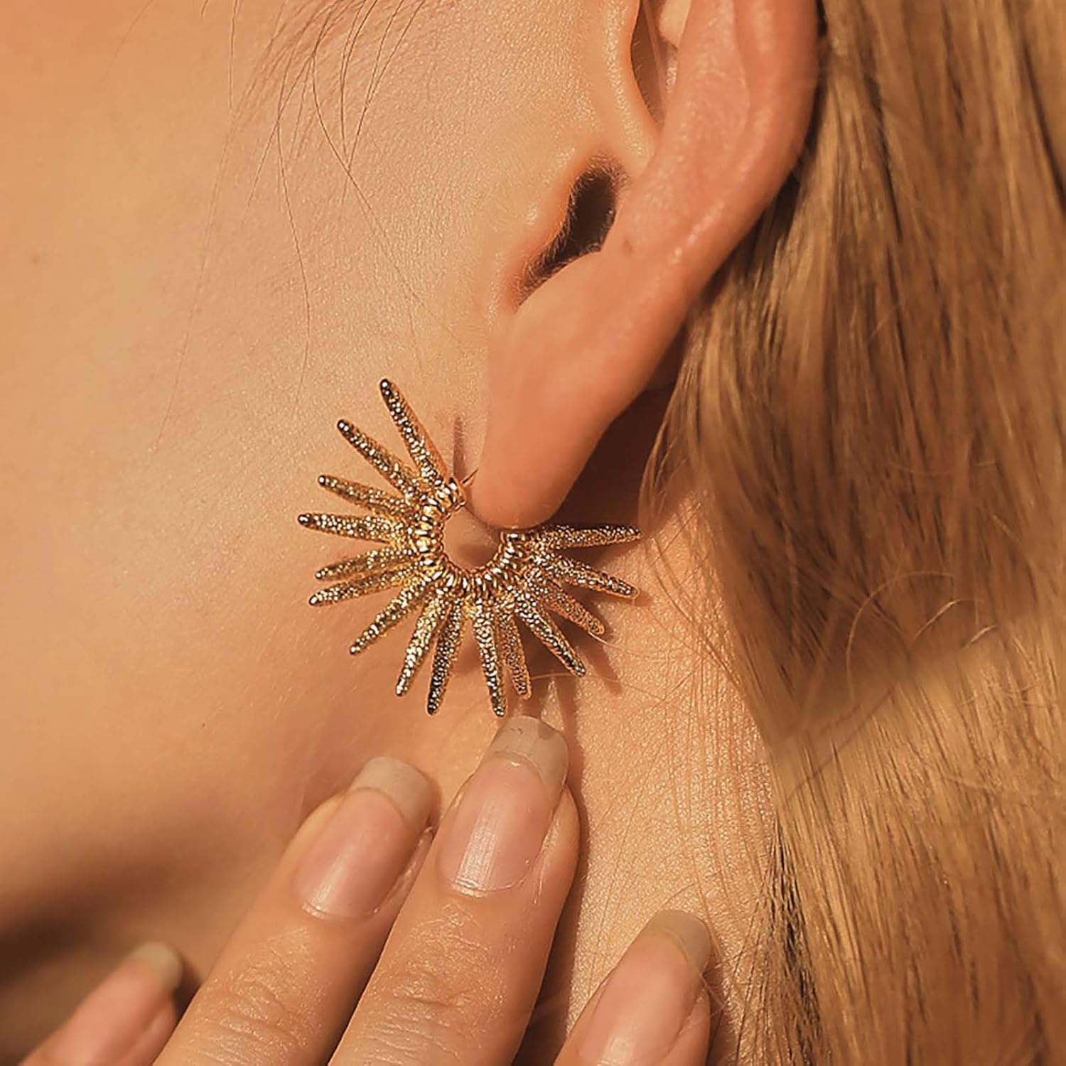 Vintage Sun Hoop Earrings Gold Sunburst Hoop Stud Earrings Sun Open C Shape Earrings Statement Spike Sunburst Earrings Punk Spike Sunlight Earrings - Image 6