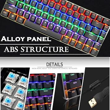 LexonElec Gaming Mechanical Keyboard Wired Type-C Metal Mechanical Blue Switch Computer Keyboard with Rainbow LED Backlit 82keys Anti-ghosting for Computer Gamers