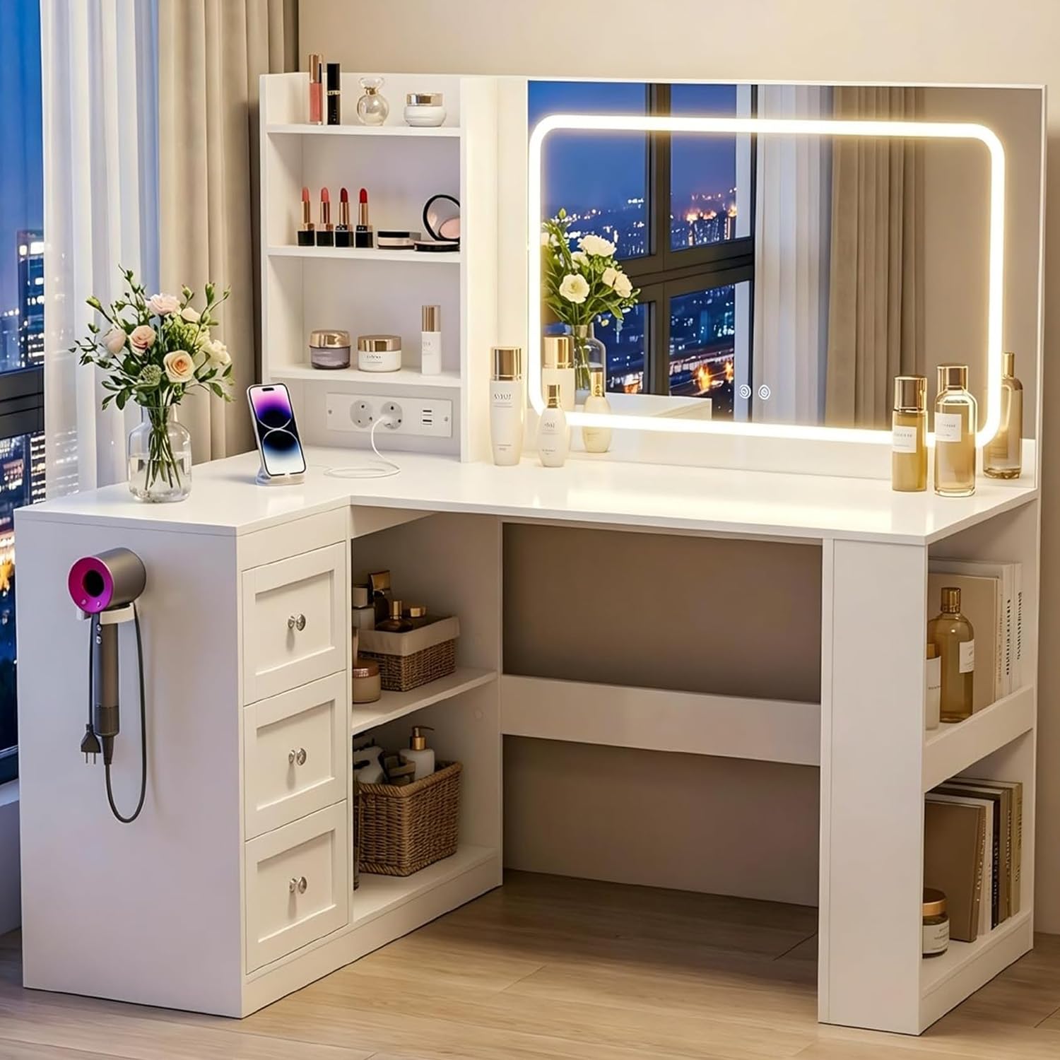 YOUDENOVA Schminktisch mit LED-Beleuchtung, Großer Spiegel und Steckdosen, Schminktische mit 3 Schubladen und 3 Ablageflächen, 4 Unterbaufächer, L-Förmiger Eckschminktisch, 120x80x136cm, Weiß