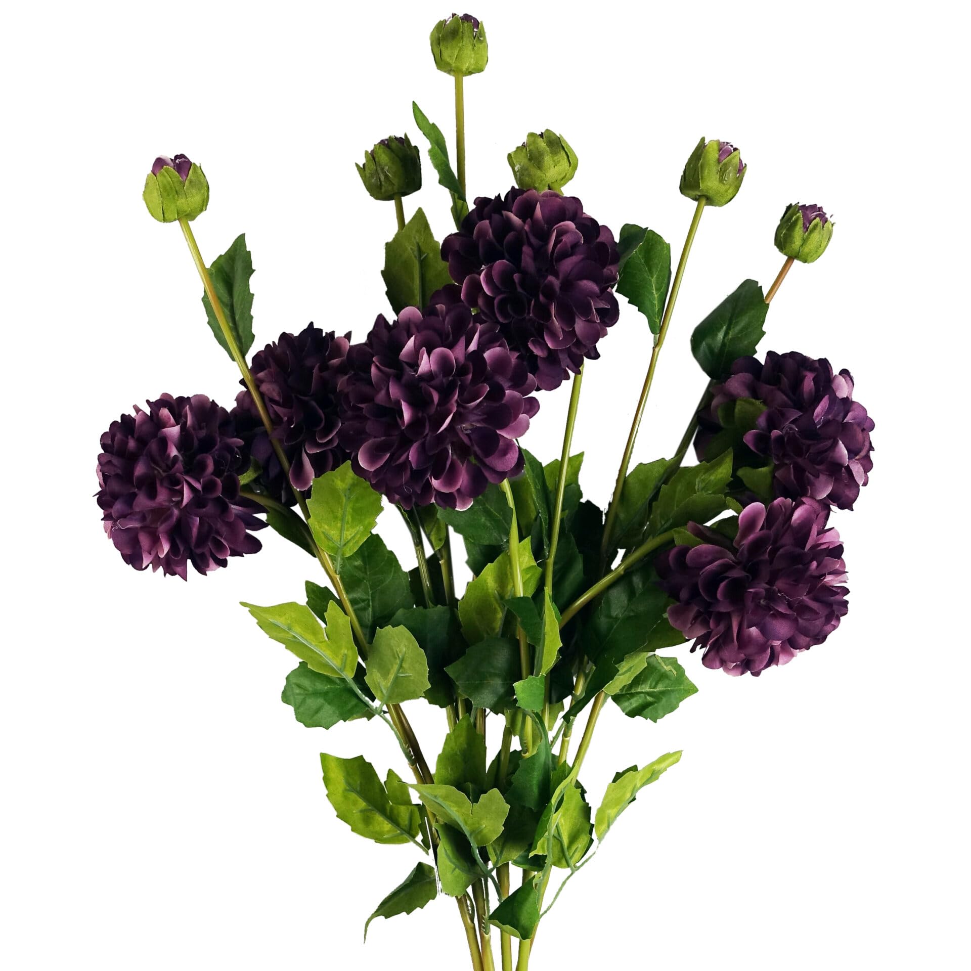 Leaf Purple Dahlia Pom Pom Artificial Flower Stem - 75cm - Pack of 6