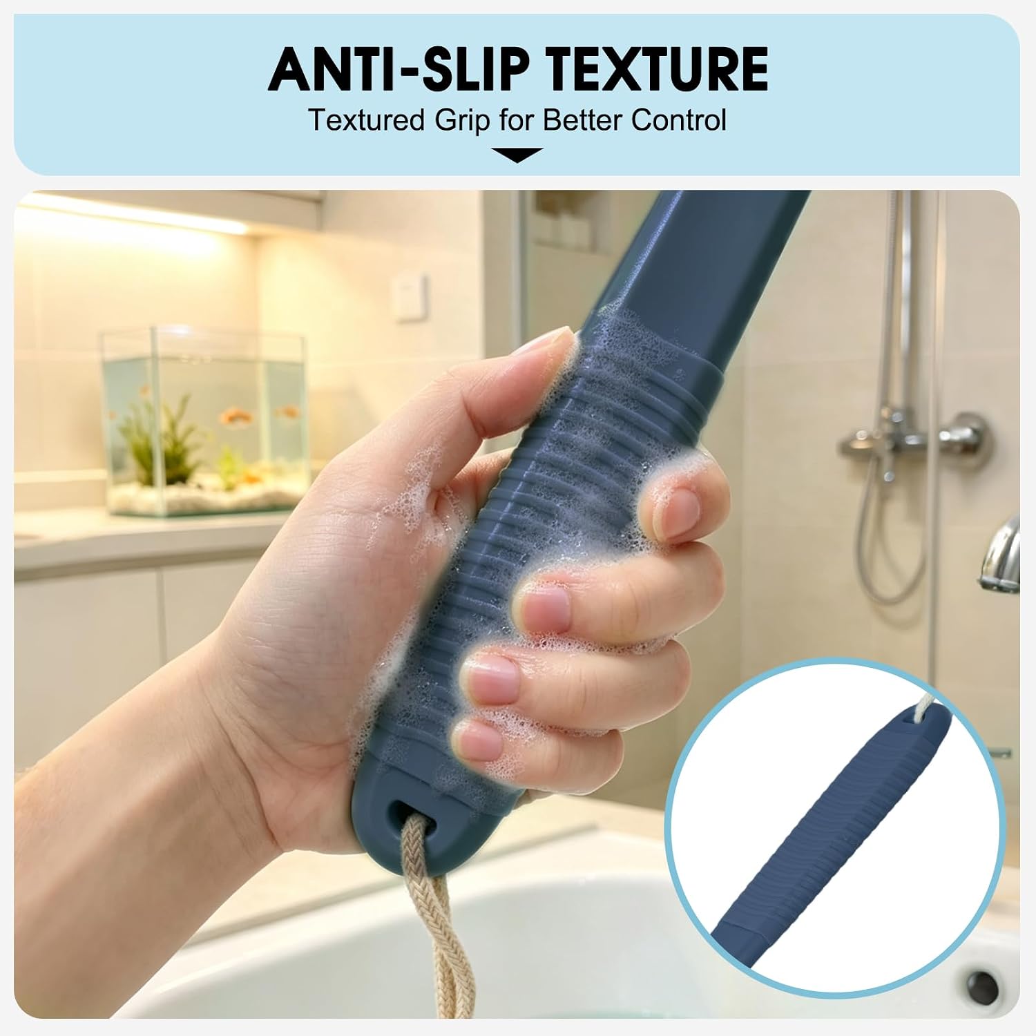 Exfoliating Shower Brush with Long Handle, 17 Inch Body Scrubber for Deep Cleaning, Non-Slip Grip Bath Brush for Men & Women with Hanging Hook（Dark Blue）