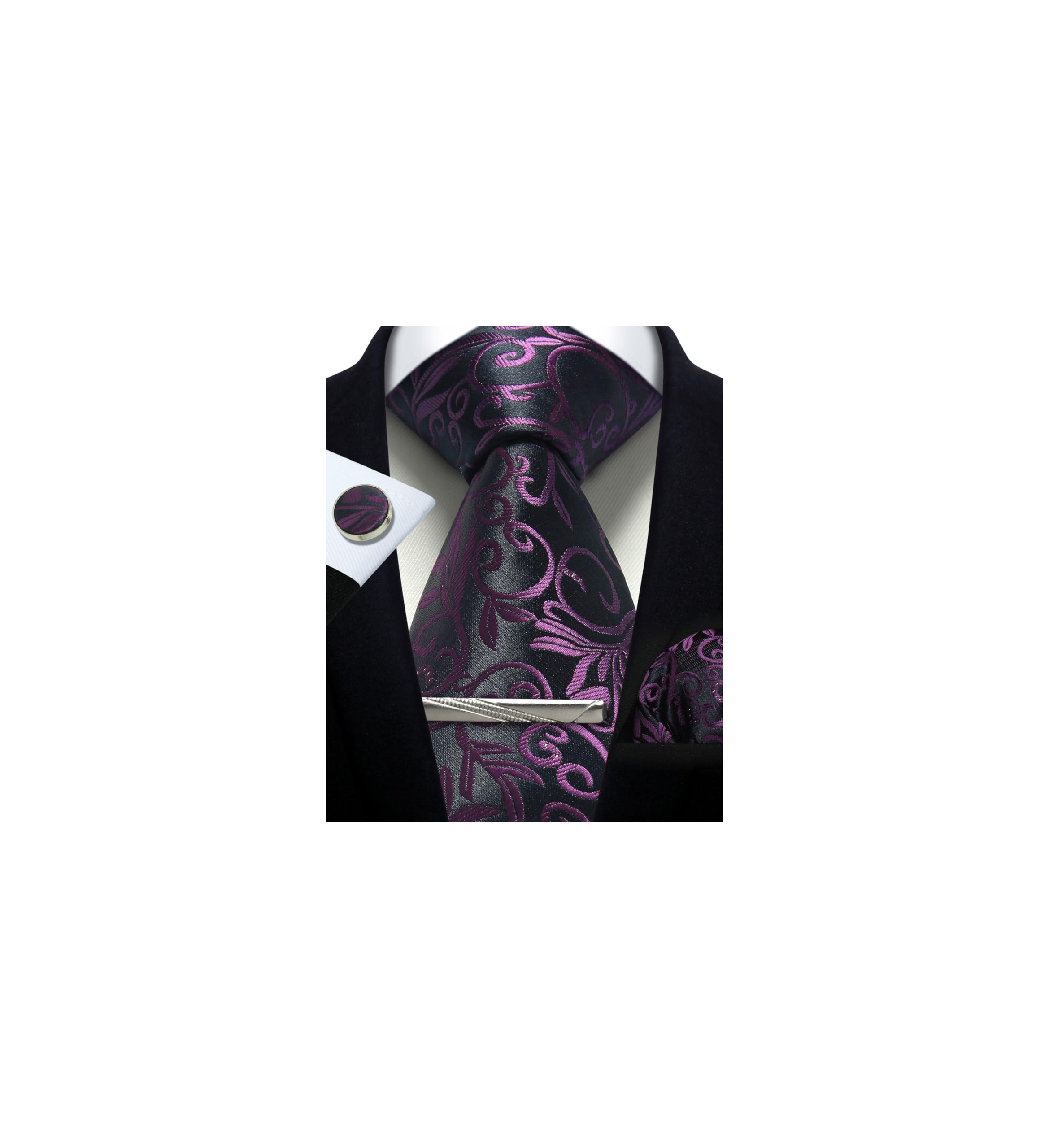 CWKOON Paisley Floral Mens Tie Formal Necktie Pocket Squares Ties Clips Cufflinks Classic for Men Set, Paisley Purple, One Size