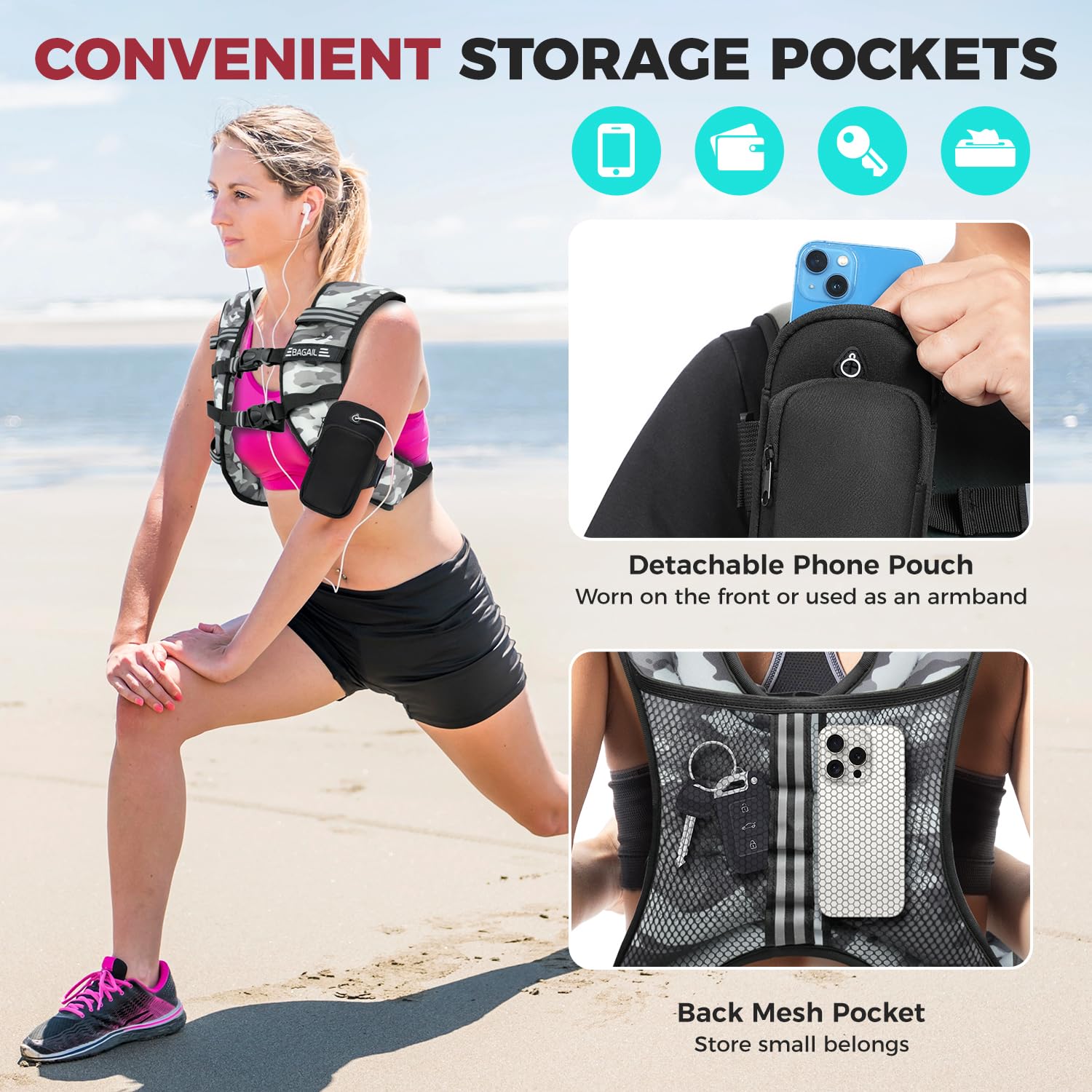Bagail Gilet Appesantito Per l'Allenamento Della Forza, Misura Del Busto Regolabile, Comoda Tasca, Gilet Appesantito Con Sabbia di Ferro, Ideale per la palestra, lo yoga e l'aerobica