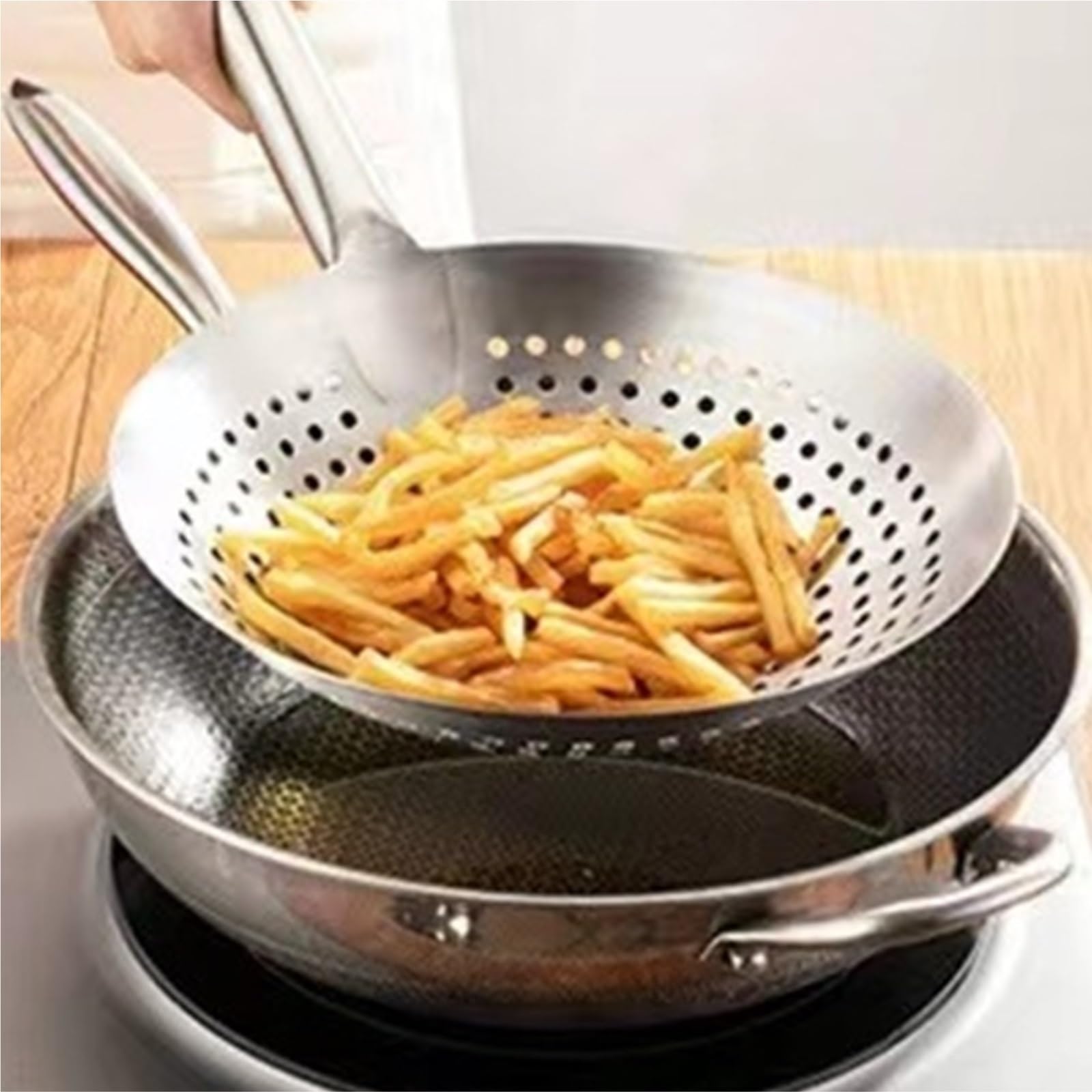 Sitko Kosz ociekowy Chipsy ziemniaczane Kosz do smażenia Sito kuchenne Łyżka Filtr Narzędzia ze stali nierdzewnej łyżka cedzakowa(Silver-304,30cm)