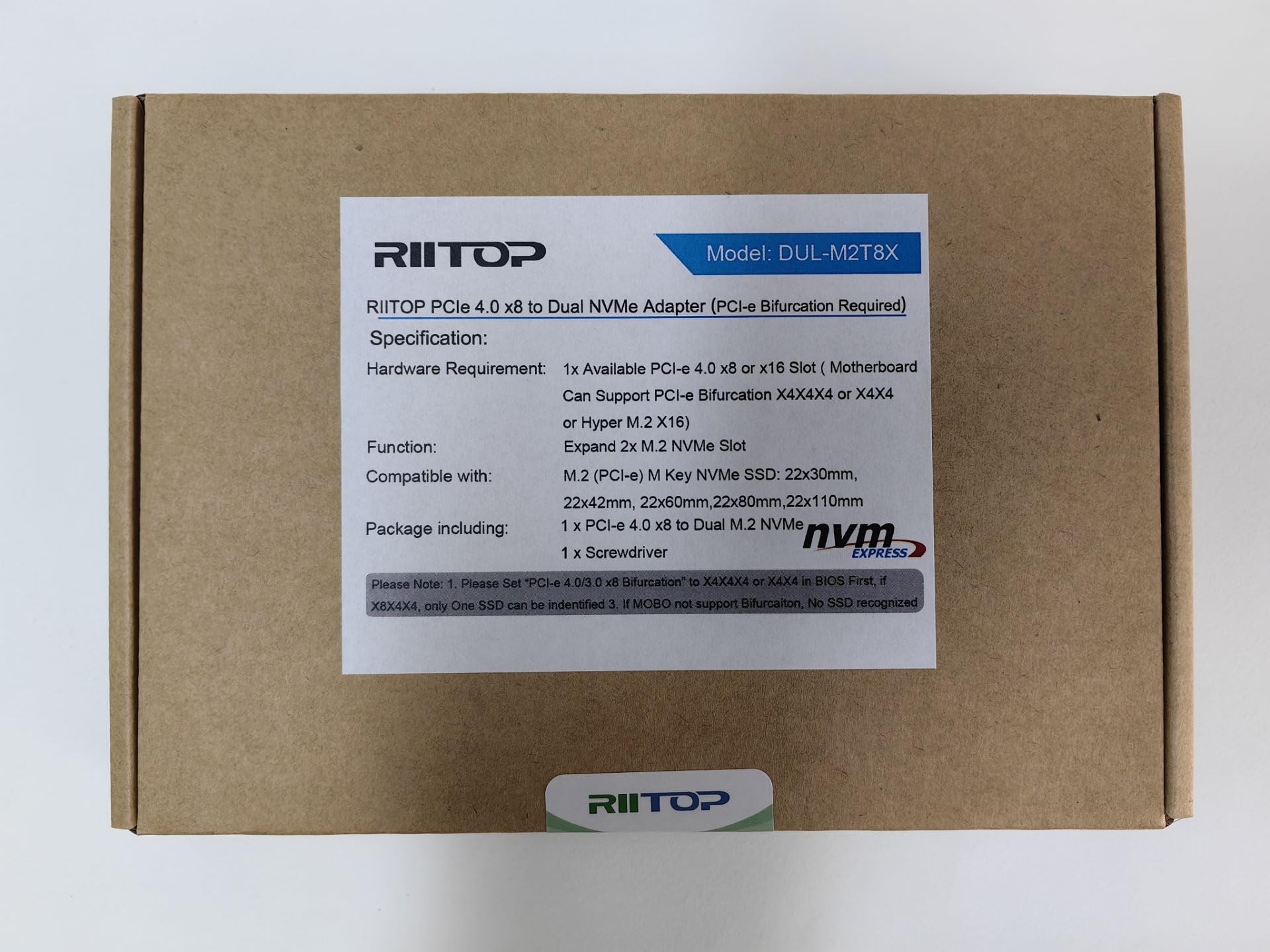 RIITOP Scheda adattatore Dual NVMe a PCIe X8 X16, 2 x 32 Gbps Full Speed, M Key M.2 SSD Reader (PCIE Bifurcation)