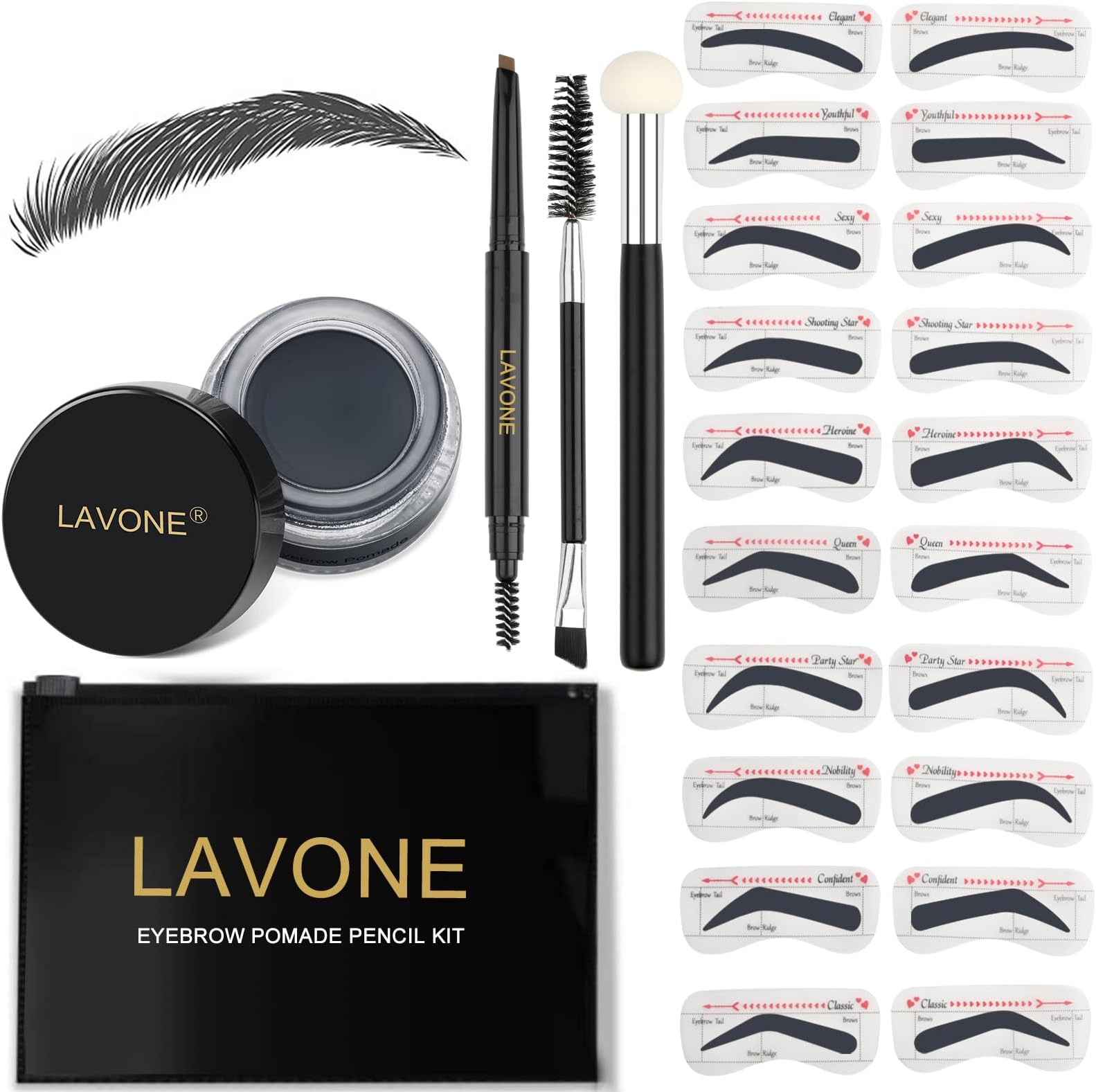 LAVONE Eyebrow Stamp Stencil Kit for Eyebrows, Brow Stamp Trio Kit with Waterproof Eyebrow Pencil, Eyebrow Pomade, 20 Eyebrow Stencils, Dual-ended Eyebrow Brush and Sponge Applicator - Dark Black