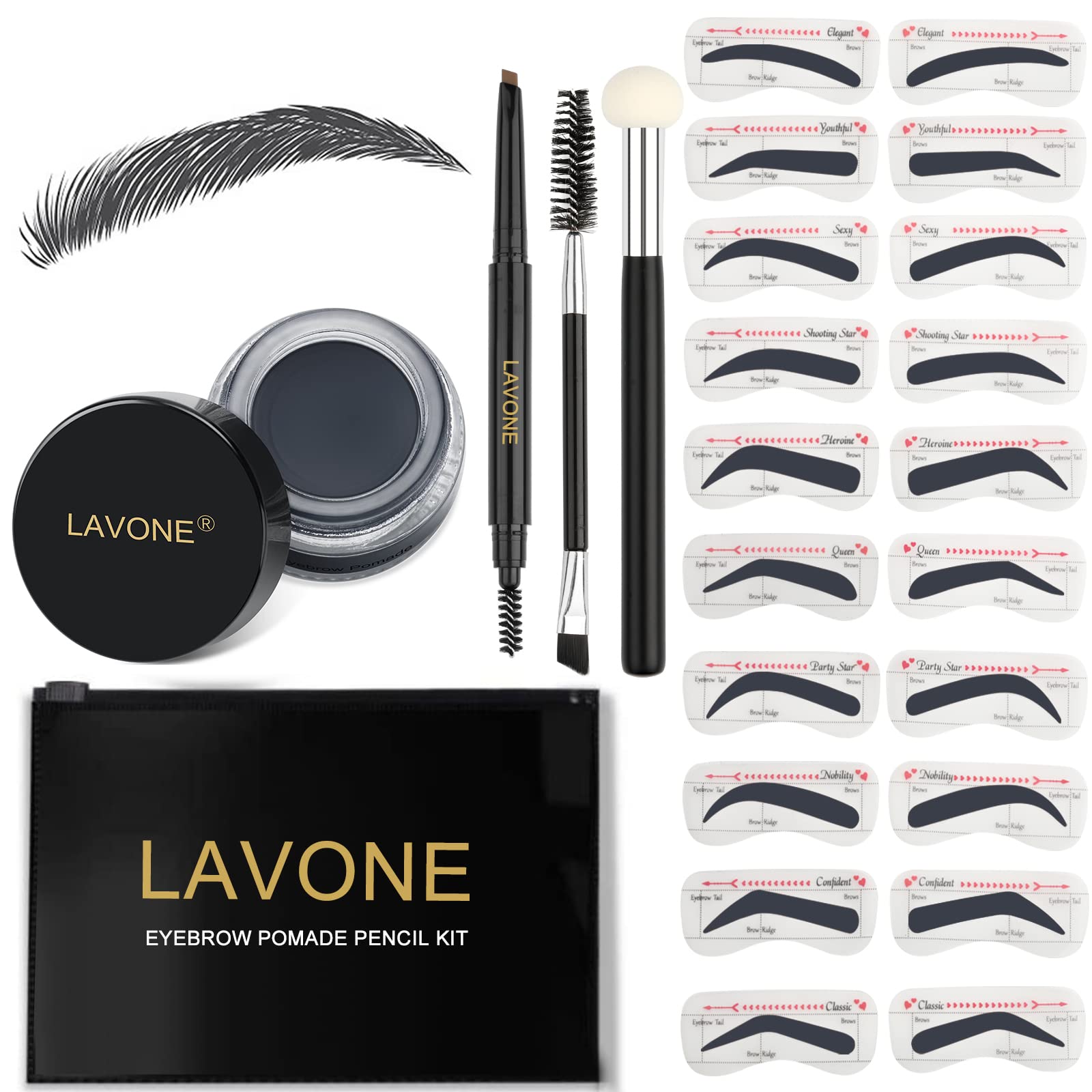 LAVONE Eyebrow Stamp Stencil Kit for Eyebrows, Brow Stamp Trio Kit with Waterproof Eyebrow Pencil, Eyebrow Pomade, 20 Eyebrow Stencils, Dual-ended Eyebrow Brush and Sponge Applicator - Dark Black