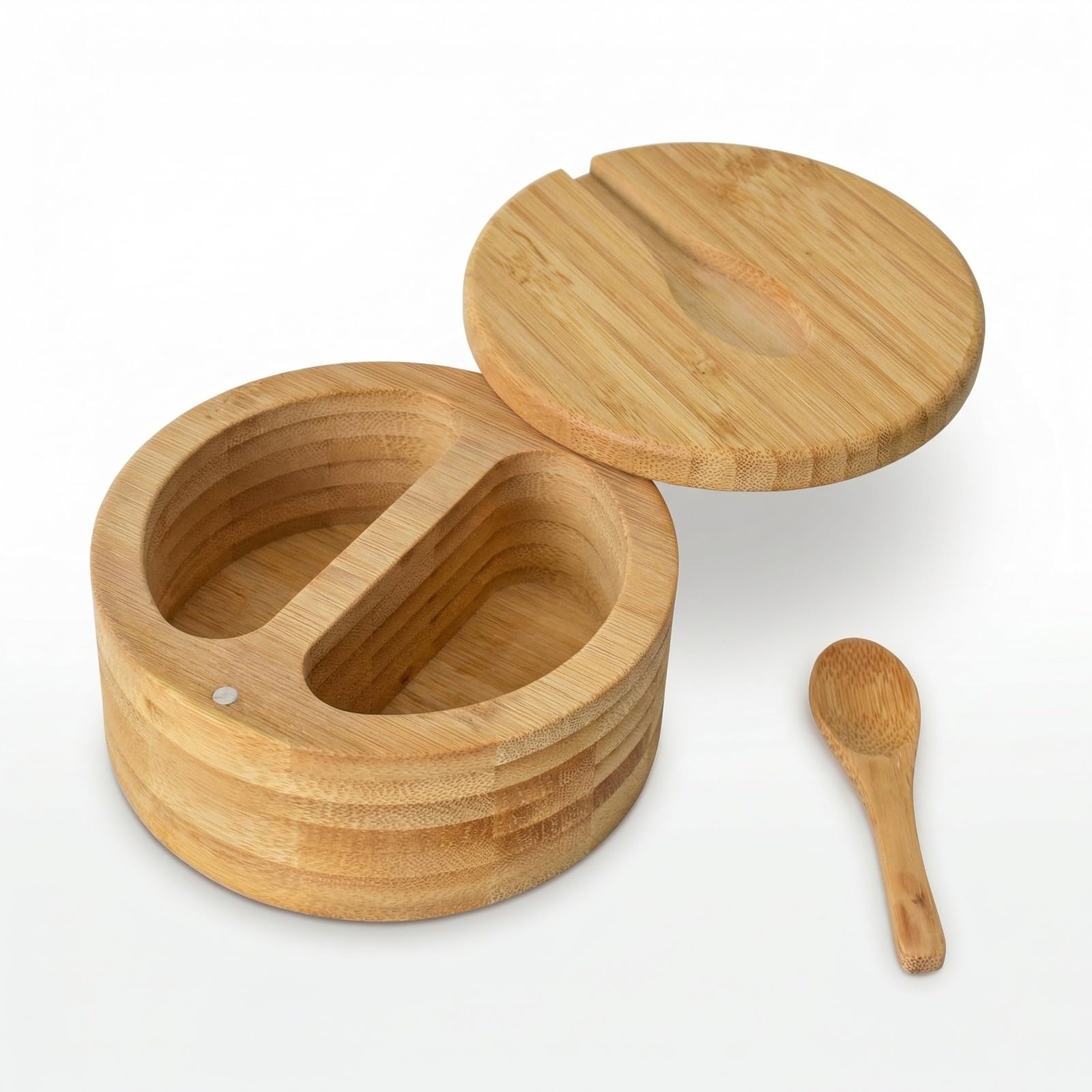 Naapesi Yellow Bamboo Salt Cellar, Salt Box With Swivel Lid And Spoon, Salt And Pepper Box, Salt Container Wood, Swivel Lid Container, Magnetic Closure Lid To Keep The Dust Out, For Salt, Sugar (12X12x6cm)