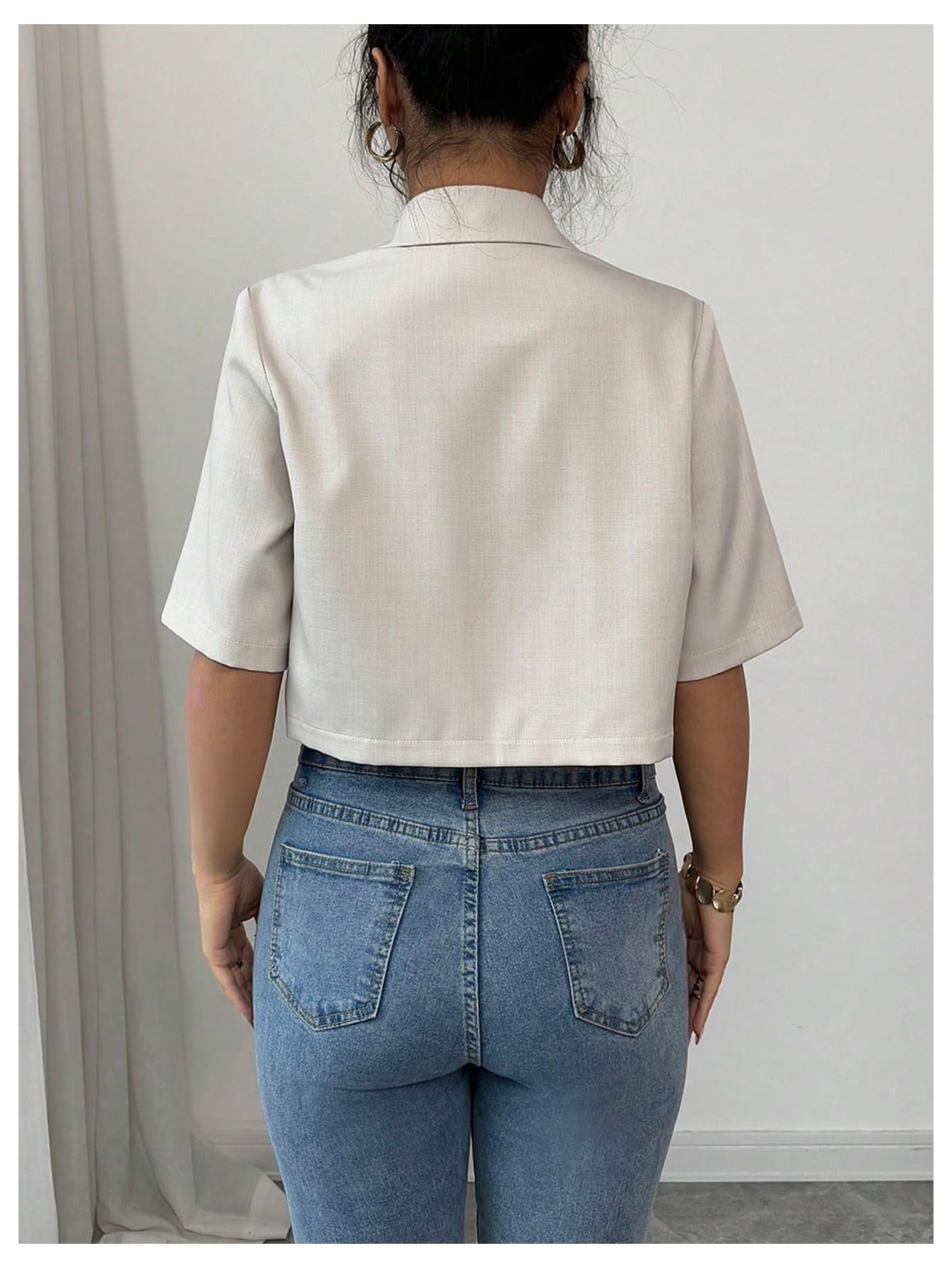 MakeMeChic Women's Bow Tie Front Blouse Half Sleeve Pleated Dressy Crop Tops