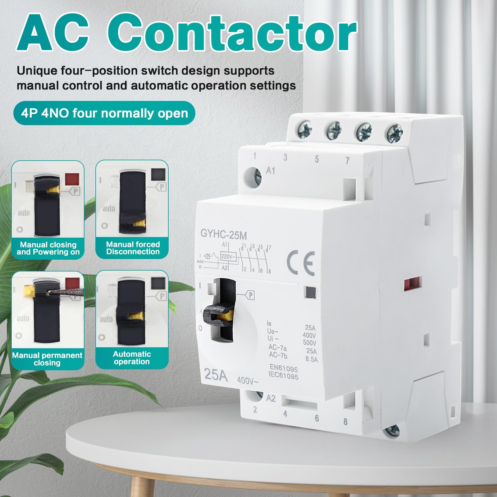 DeWin Contacteur, Contacteur AC Domestique Triphasé à 4 Fils Contacteur Manuel ou Automatique Montage sur Rail DIN 4P 25A 4NO 400V