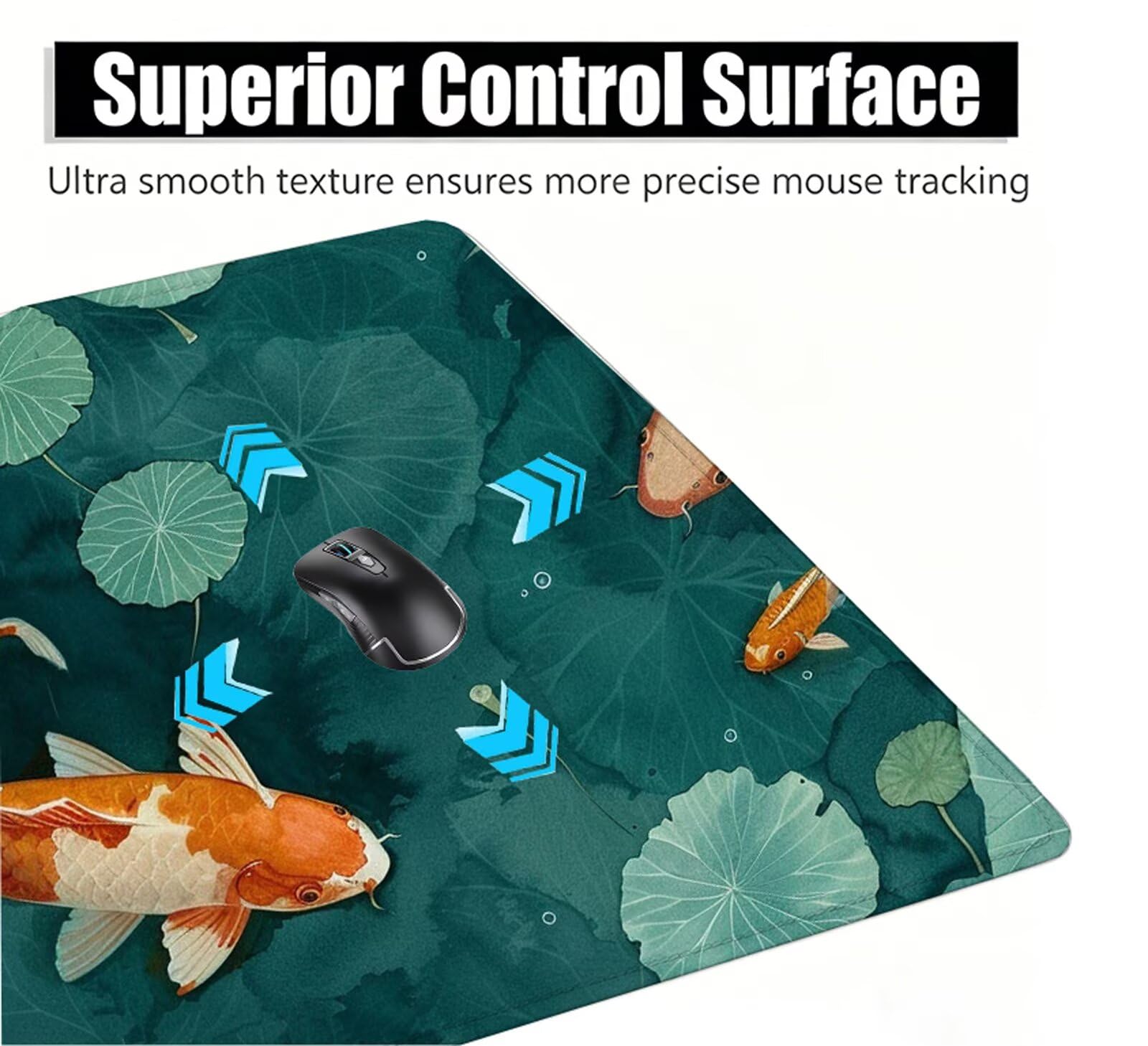 Pez Alfombrilla Ratón XXL 150x80 cm Mouse Pad Grande Gaming Hoja De Loto Alfombrilla Escritorio Antideslizante, Protector de Mesa para Ordenador y Teclado, Alfombrilla Gamer con Bordes Cosidos W6-417