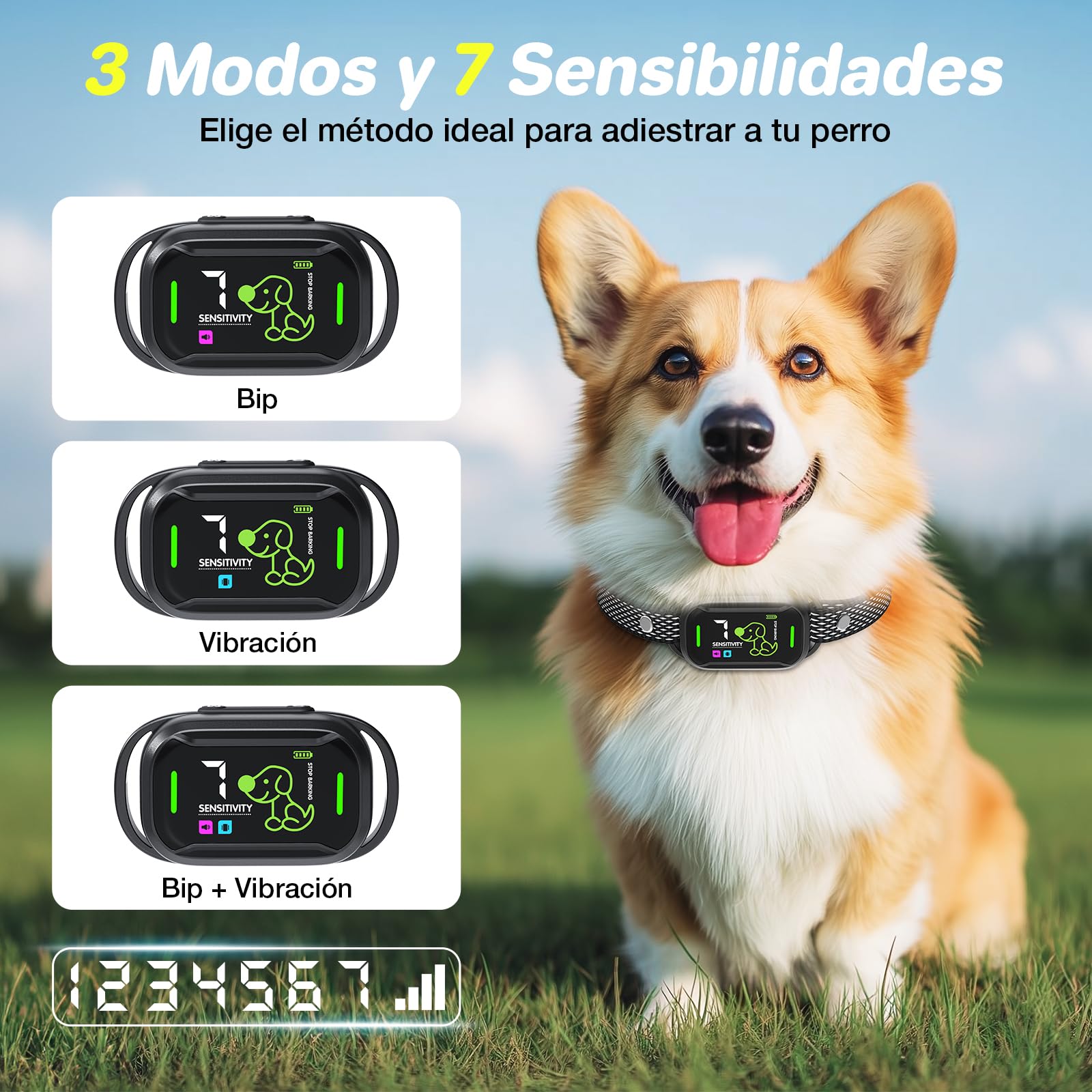 MASBRILL Collar Anti Ladrido para Perros - 3 Modos (Sonido, Vibración, Mixto) + 7 Niveles de Sensibilidad, Correa Anti-Ladridos con Pantalla LED,IPX7, Recargable,Carga Rápida, Ajustable y Fácil de Usa | 3 Modos (Sonido, Vibración) ,7 Niveles de Sensibilid
