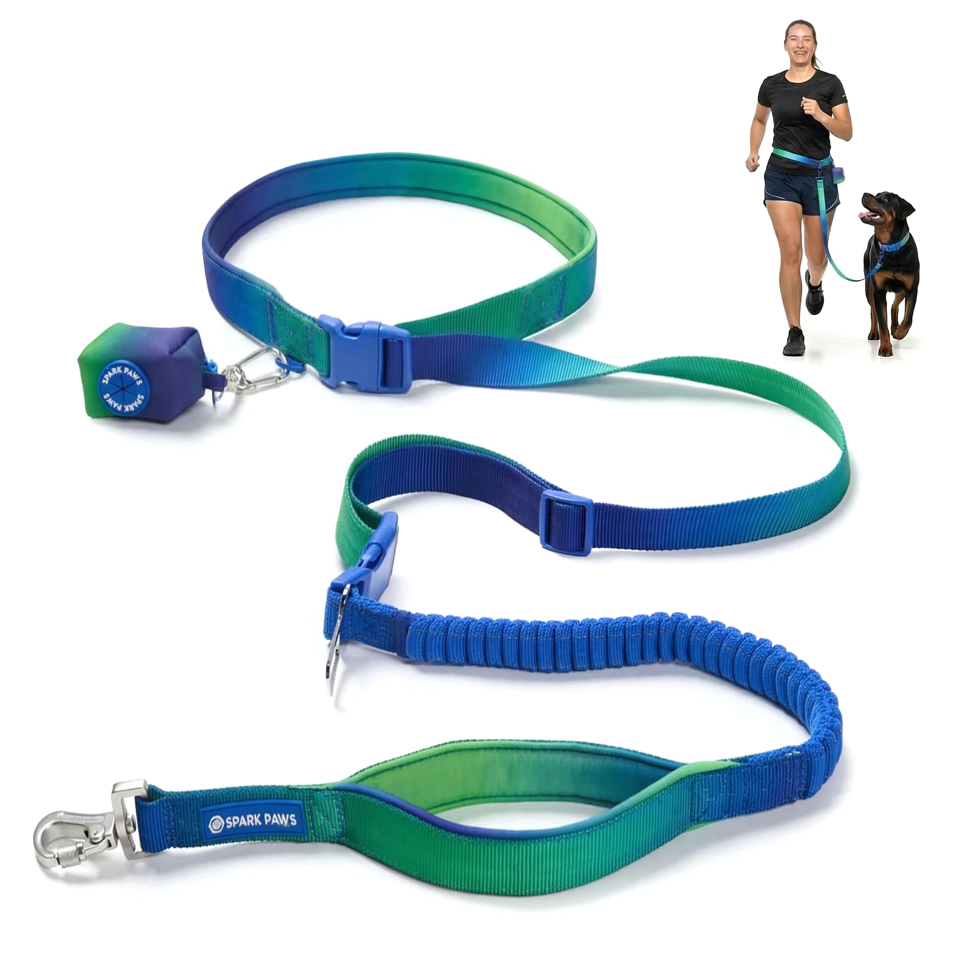 Spark Paws Handsfree Dog Leash – Shock Absorbing Waist Bungee Lead with 2 Padded Handles, Car Seatbelt Clip & Poop Bag Set, Heavy Duty Tactical Lead for Medium, Large & X-Large Breeds - Lime Wave