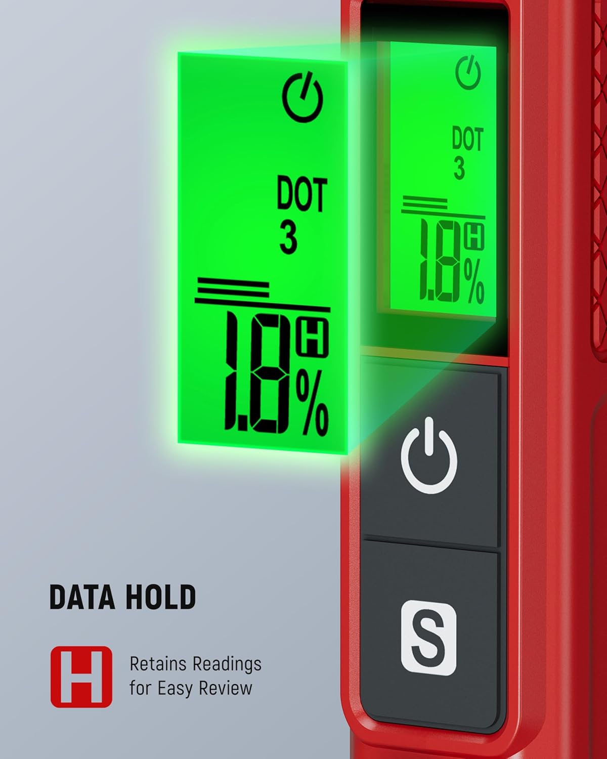 Primo piano del display del tester del liquido freni KAIWEETS che mostra 'DATA HOLD' e una percentualetage lettura.
