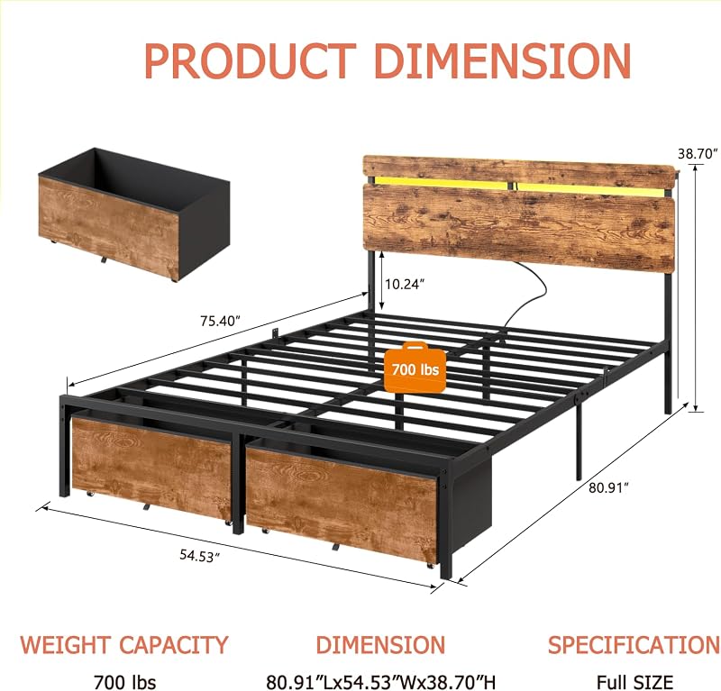 Forestell Full Size Bed Frame with Wood Headboard,2 Storage Drawers & Shelf image 2