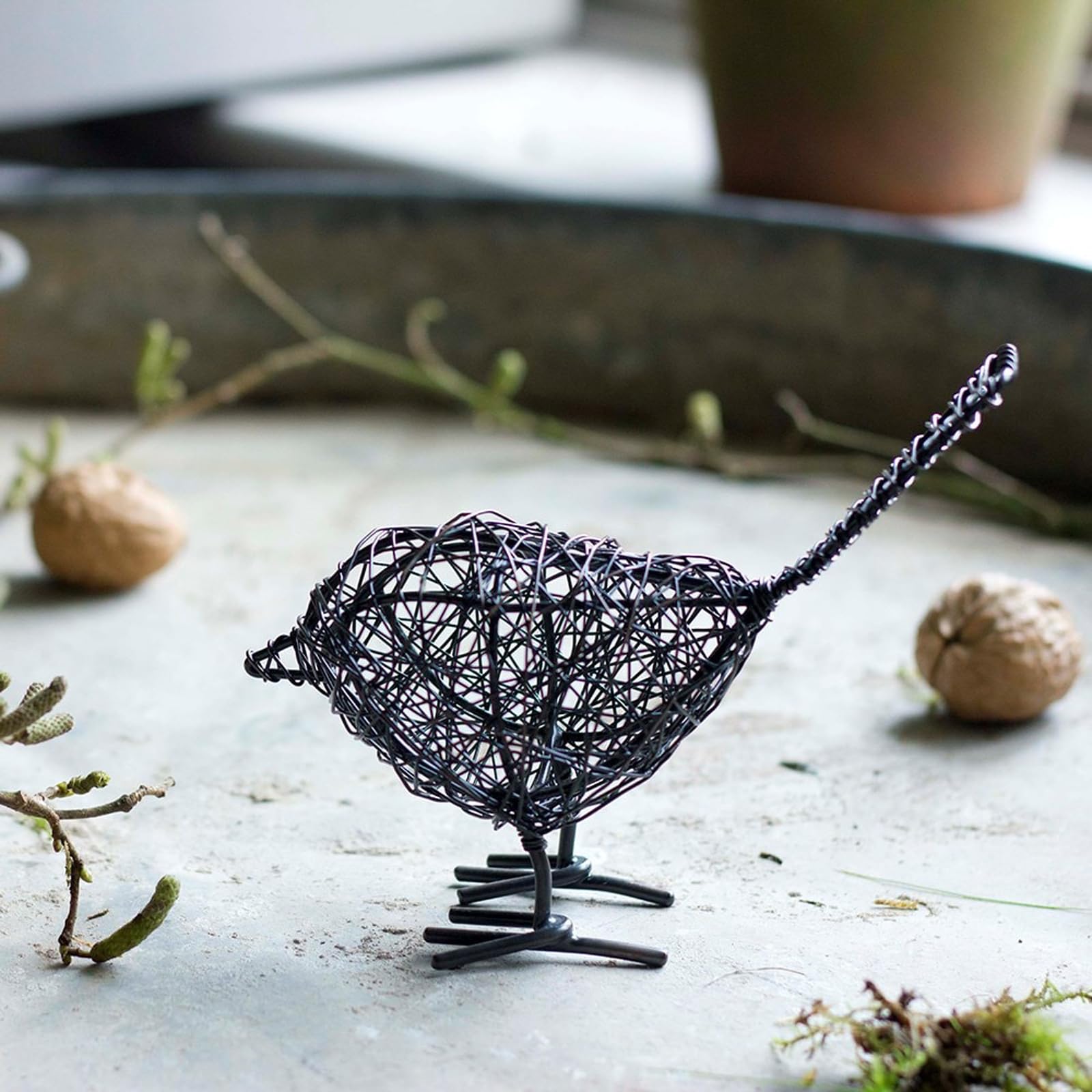 Crocus Collection 12cm Handmade Hanging Wrapped Metal Iron Bird Antique Pewter Decoration for Outdoor Use