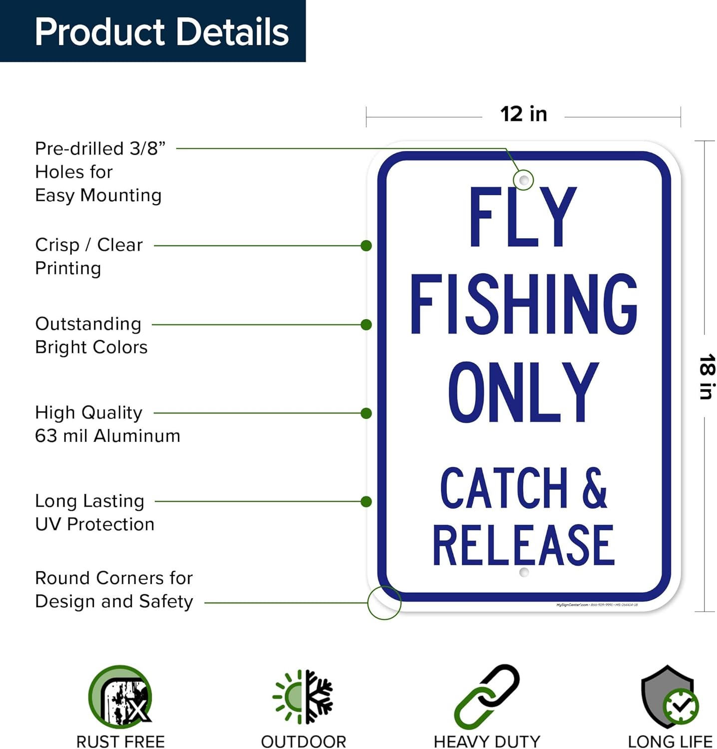Fly Fishing Only Catch And Release Sign, 12x18 Inches, Rust Free .063 Aluminum, Fade Resistant, Made in USA by My Sign Center