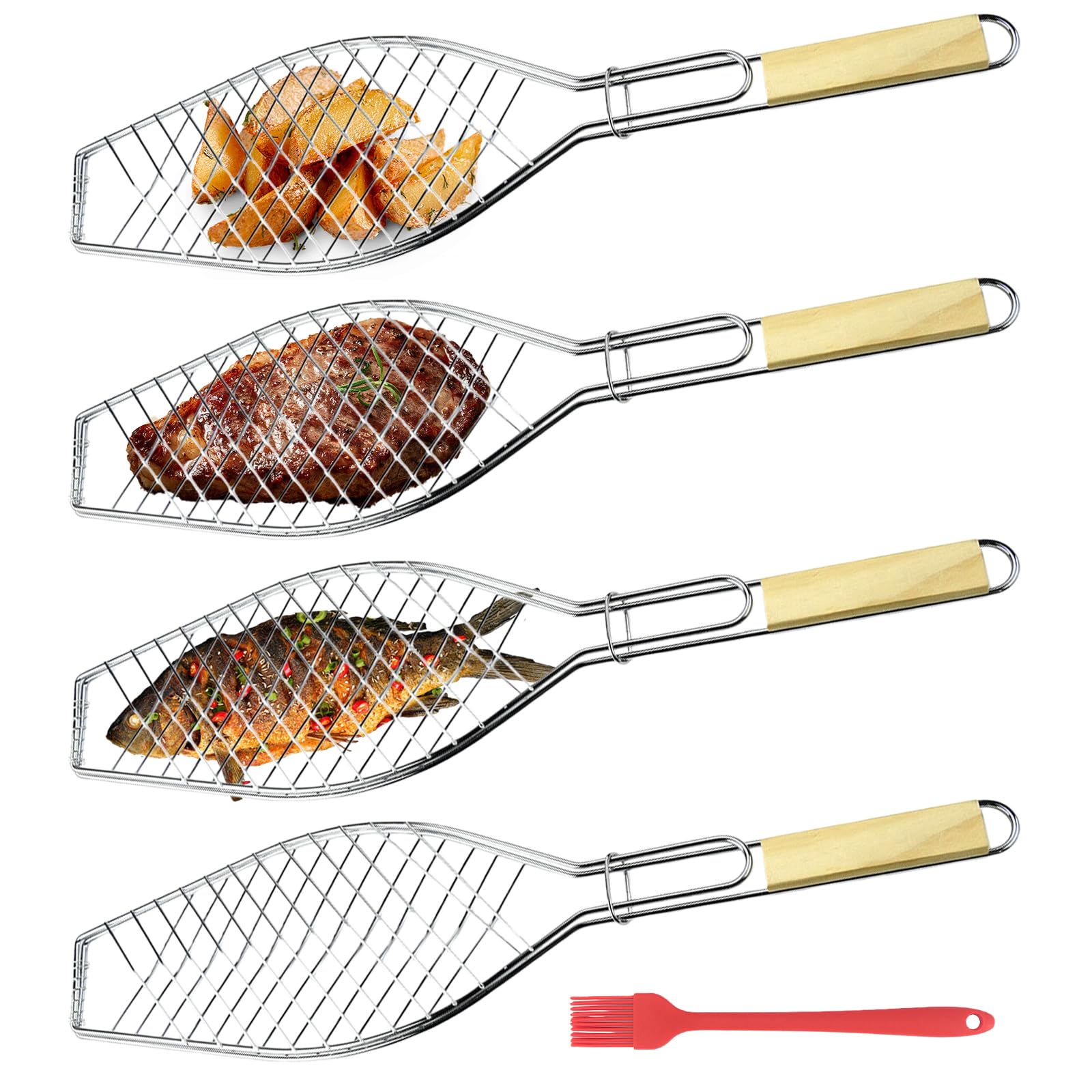 GBKDQQ Lot de 4 supports de barbecue en acier inoxydable avec manche en bois et brosse à huile - 60 x 15 cm - Pince à poisson pour barbecue et barbecue