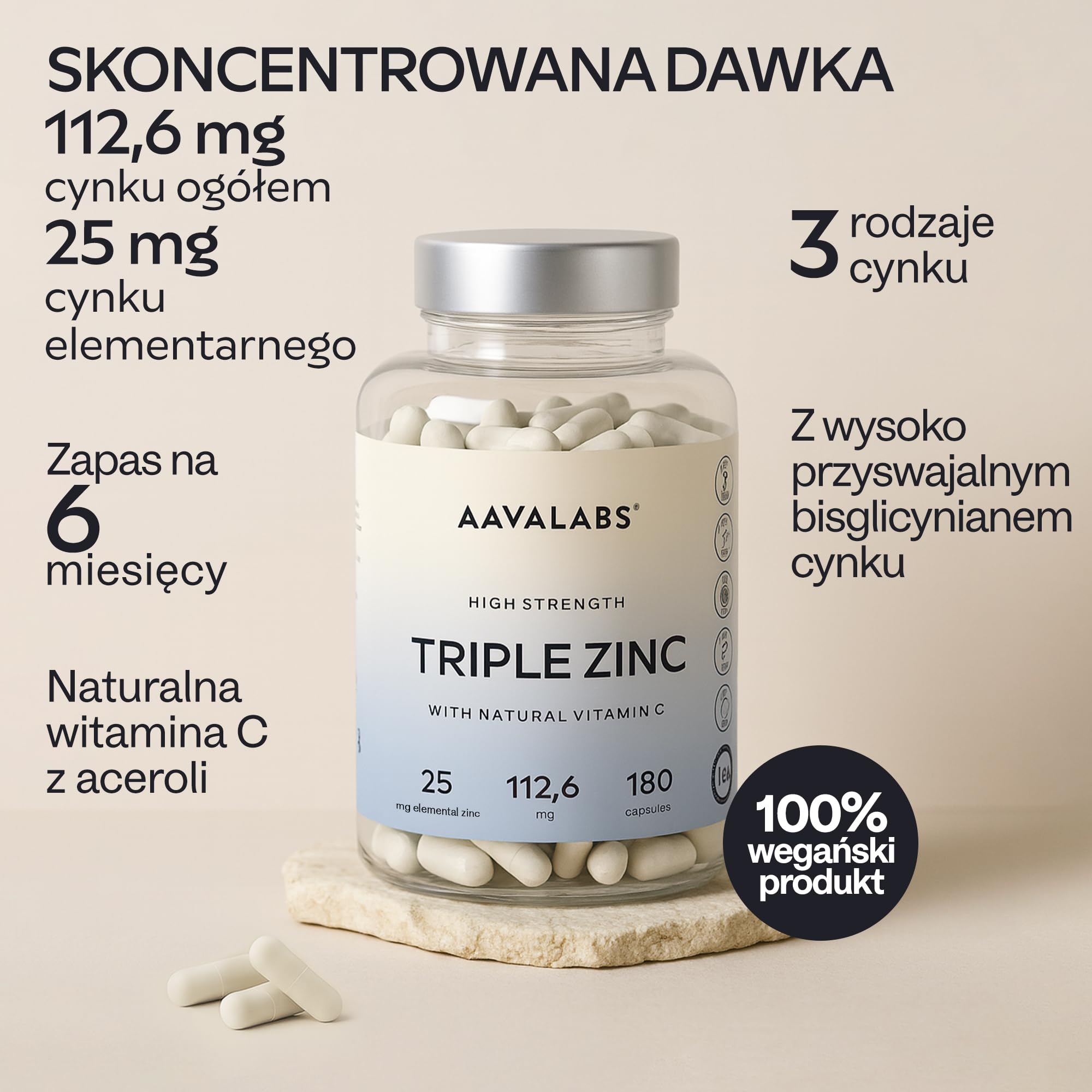 AAVALABS® Potrójny Cynk - Maksymalna Moc - 25 mg na Porcję - Kompleks Cynku - 180 Kapsułek - 3 Formy Minerału - Pikolinian Cynku, Bisglicynian Cynku + Monometionina Cynku