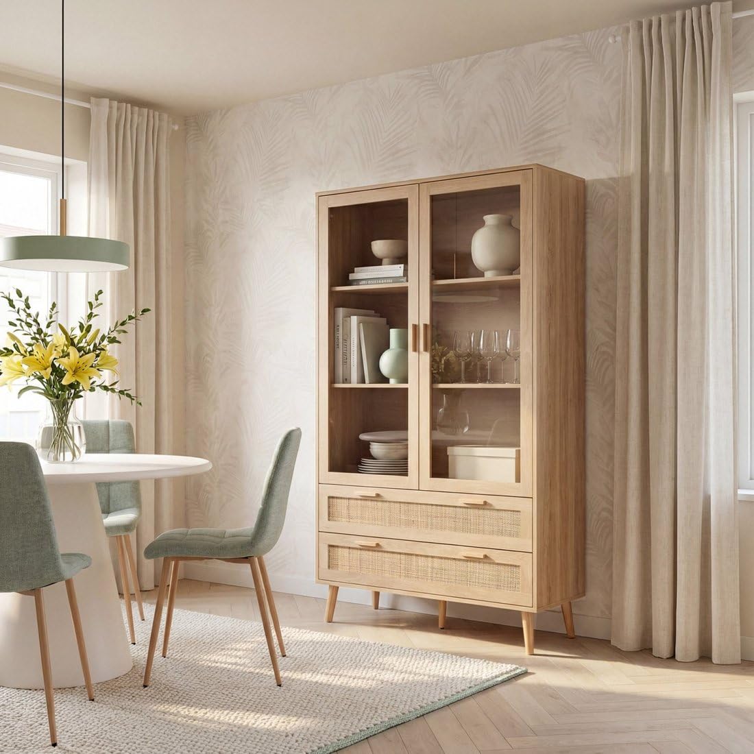 KLAST Vitrine en Bois et en Rotin Naturel avec Dos Portes Vitrees, Trois Etageres et Dos Tiroirs pour Le Rangement. Dimensions : 100 Cm x 170 Cm