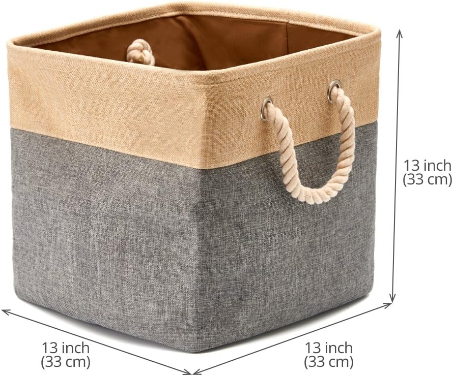 EZOWare 3-Pack Collapsible Storage Bins Basket Foldable Canvas Fabric Cubes Boxes with Handles for Kids Babies Nursery Room Toys Organizer (13 x 13 x 13 inches) - Gray and Beige