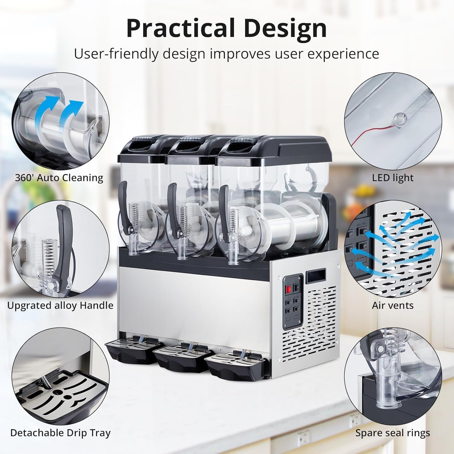 Macchina per Granite Professionale da 12 Litri - Macchina per Bevande Ghiacciate A 3 Serbatoi, 860 W, in Acciaio Inossidabile, per Margarita E Smoothie, Ideale per Bar, Ristoranti E Feste.
