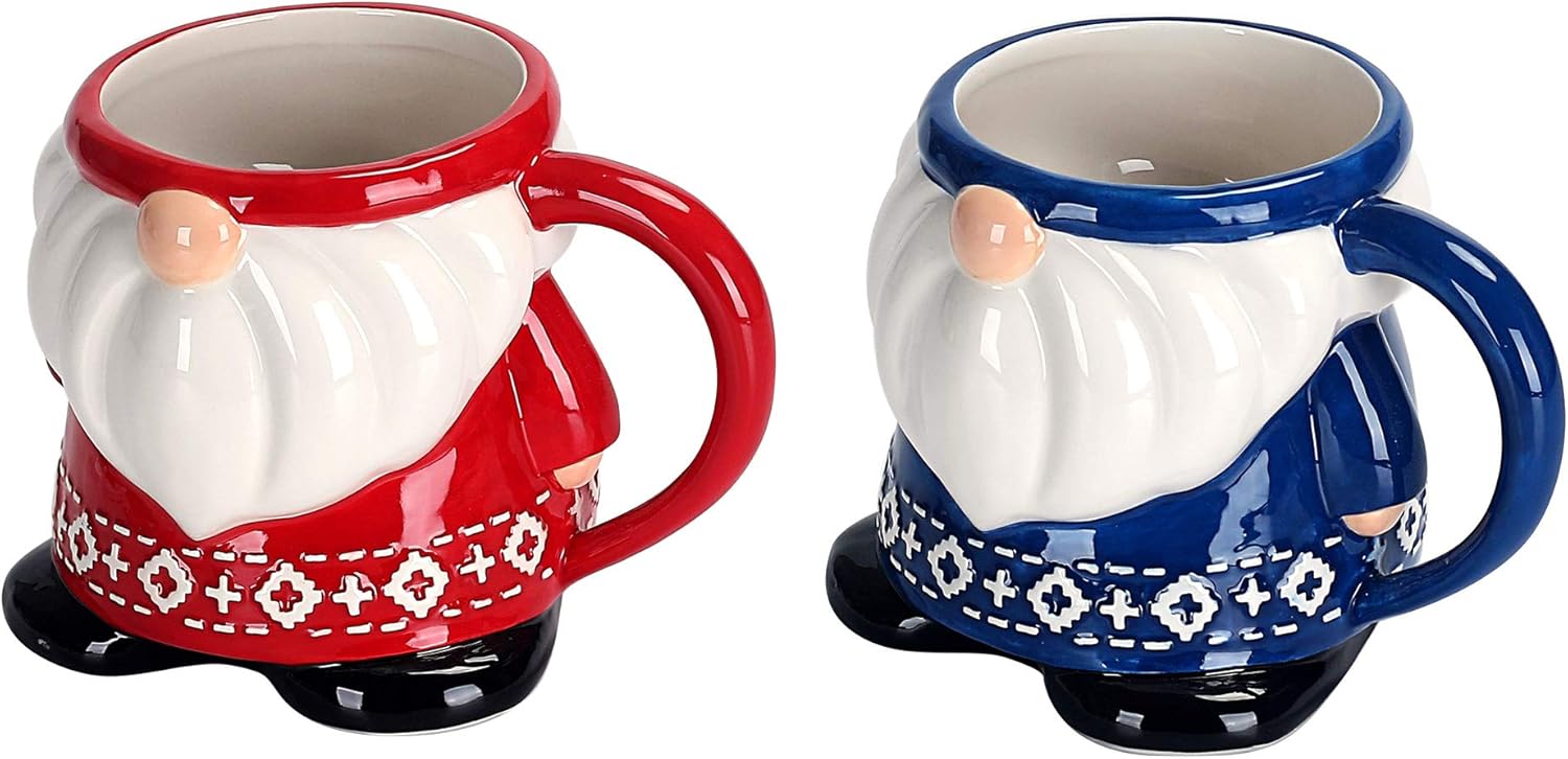 Fеаturеd Prоduсt Bico Ceramic Red & Blue Christmas Gnome 15oz Mugs Set, Handpainted, Microwave & Dishwasher Safe