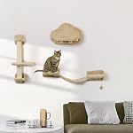 PawHut 3Pcs Cat Wall Shelf with Scratching Post, Cat Wall Shelves for Relaxing, Climbing, Cat Wall with Soft Ladder, Scratching Board, Hammock, Grey